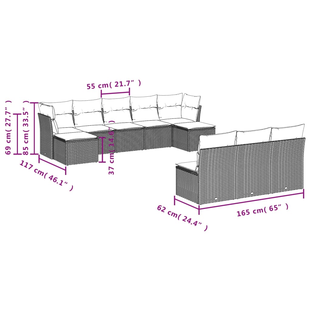 10 Pcs conjunto de sofás p/ jardim com almofadões vime PE bege