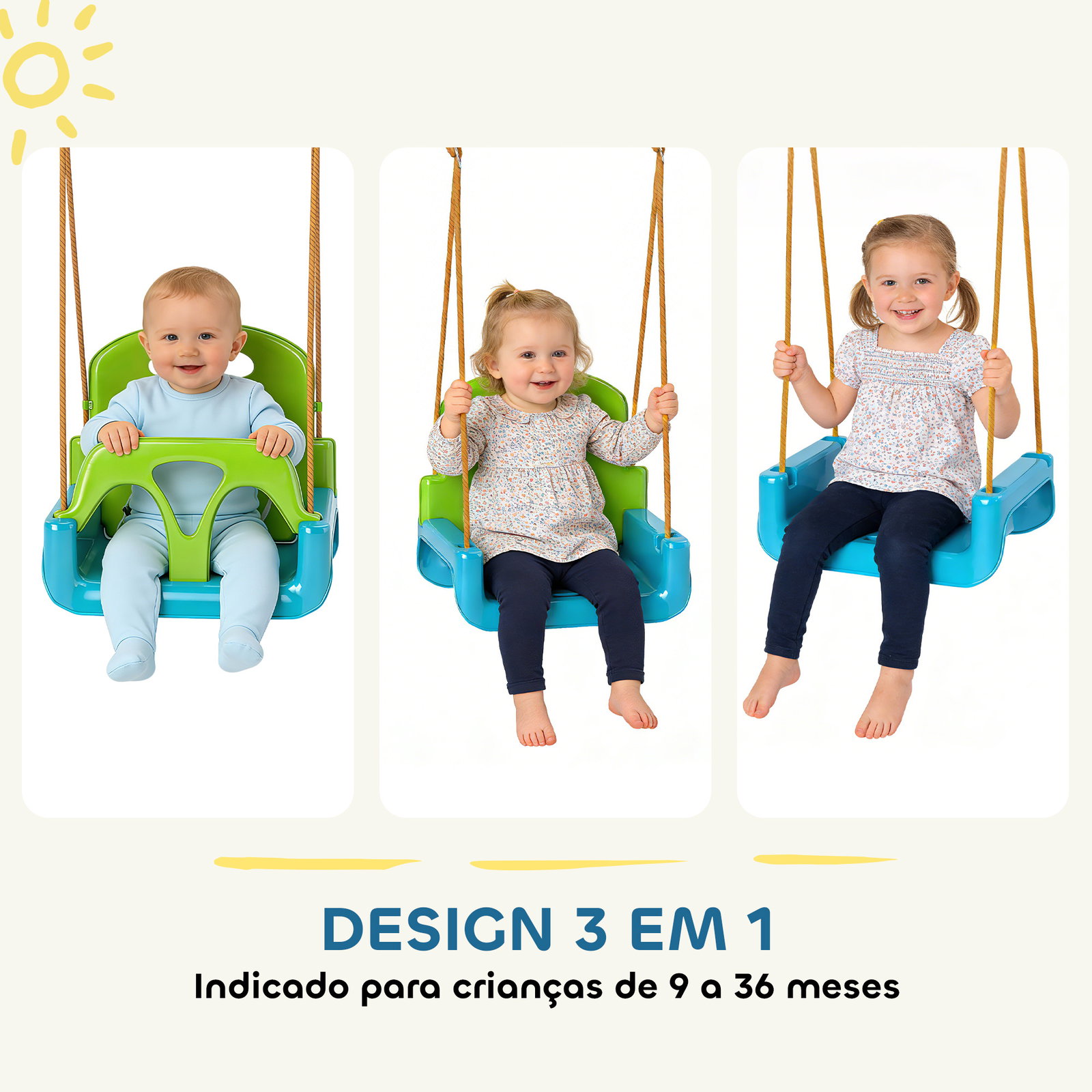 Baloiço infantil 3 em 1 com cordas ajustáveis, encosto removível, barra em t e cinto de segurança verde escuro