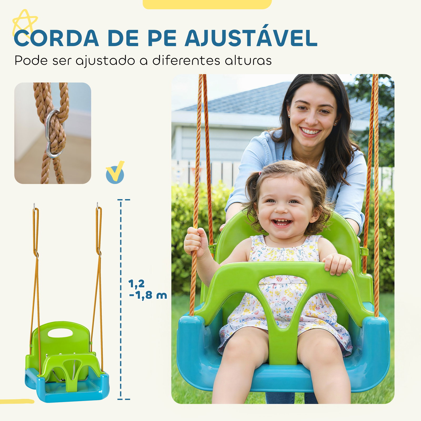 Baloiço infantil 3 em 1 com cordas ajustáveis, encosto removível, barra em t e cinto de segurança verde escuro