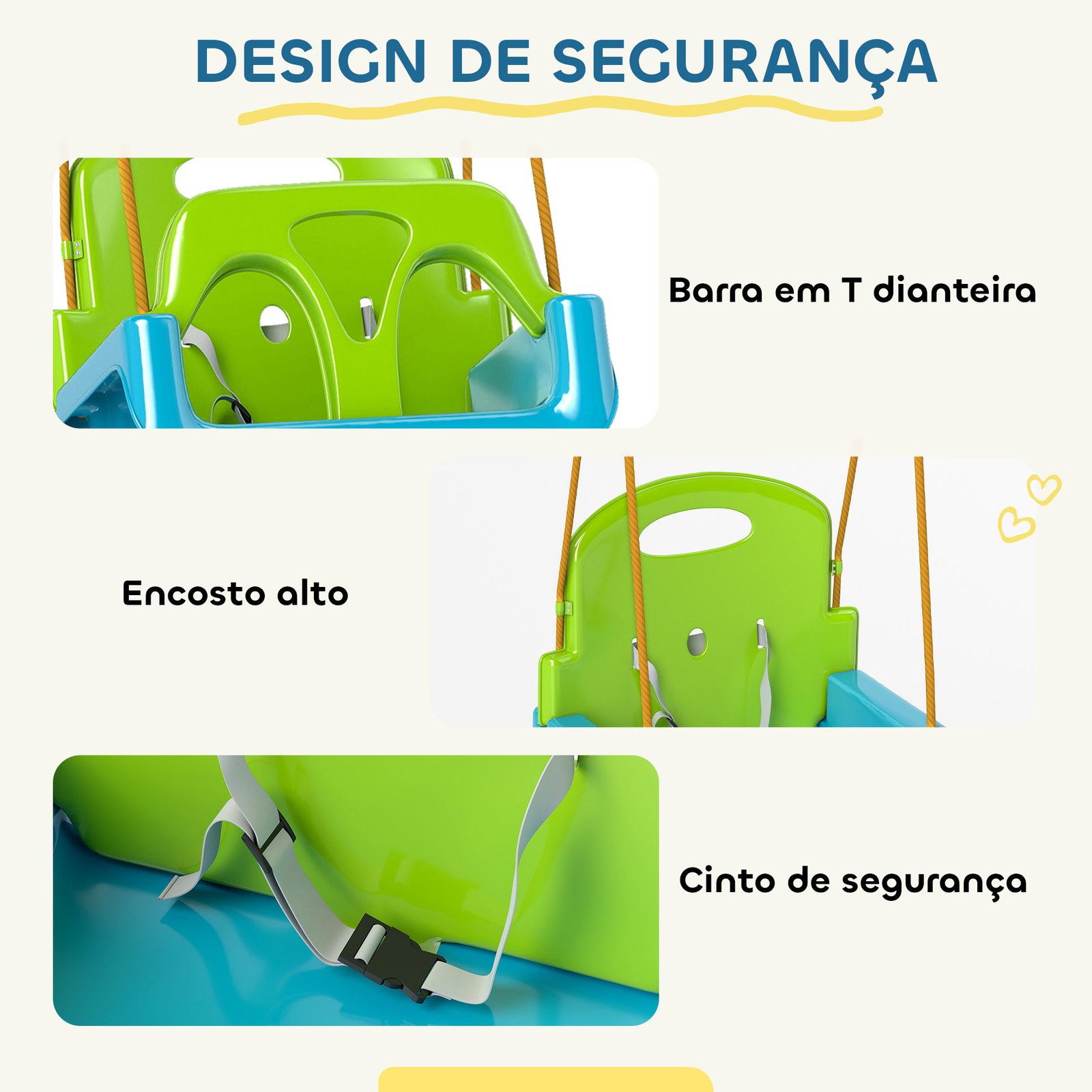 Baloiço infantil 3 em 1 com cordas ajustáveis, encosto removível, barra em t e cinto de segurança verde escuro