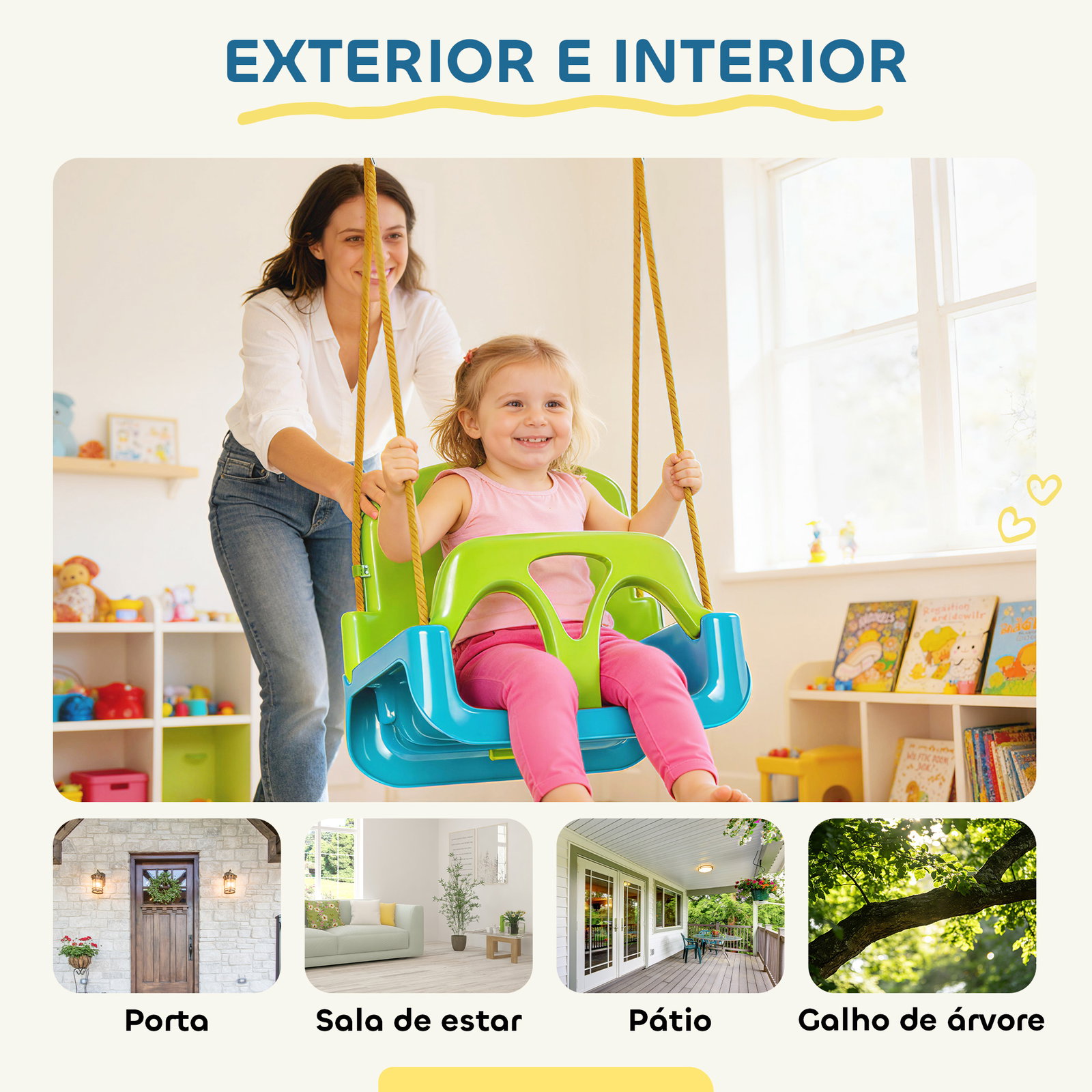 Baloiço infantil 3 em 1 com cordas ajustáveis, encosto removível, barra em t e cinto de segurança verde escuro