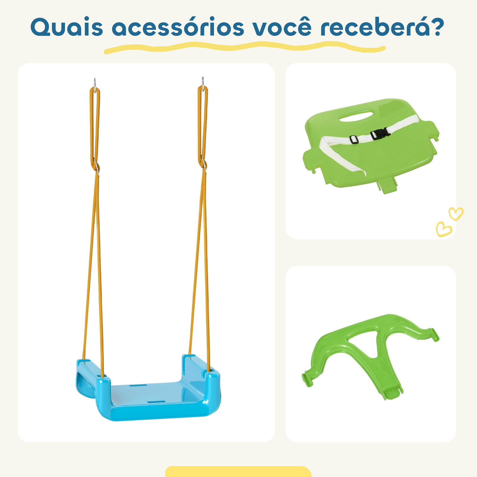 Baloiço infantil 3 em 1 com cordas ajustáveis, encosto removível, barra em t e cinto de segurança verde escuro