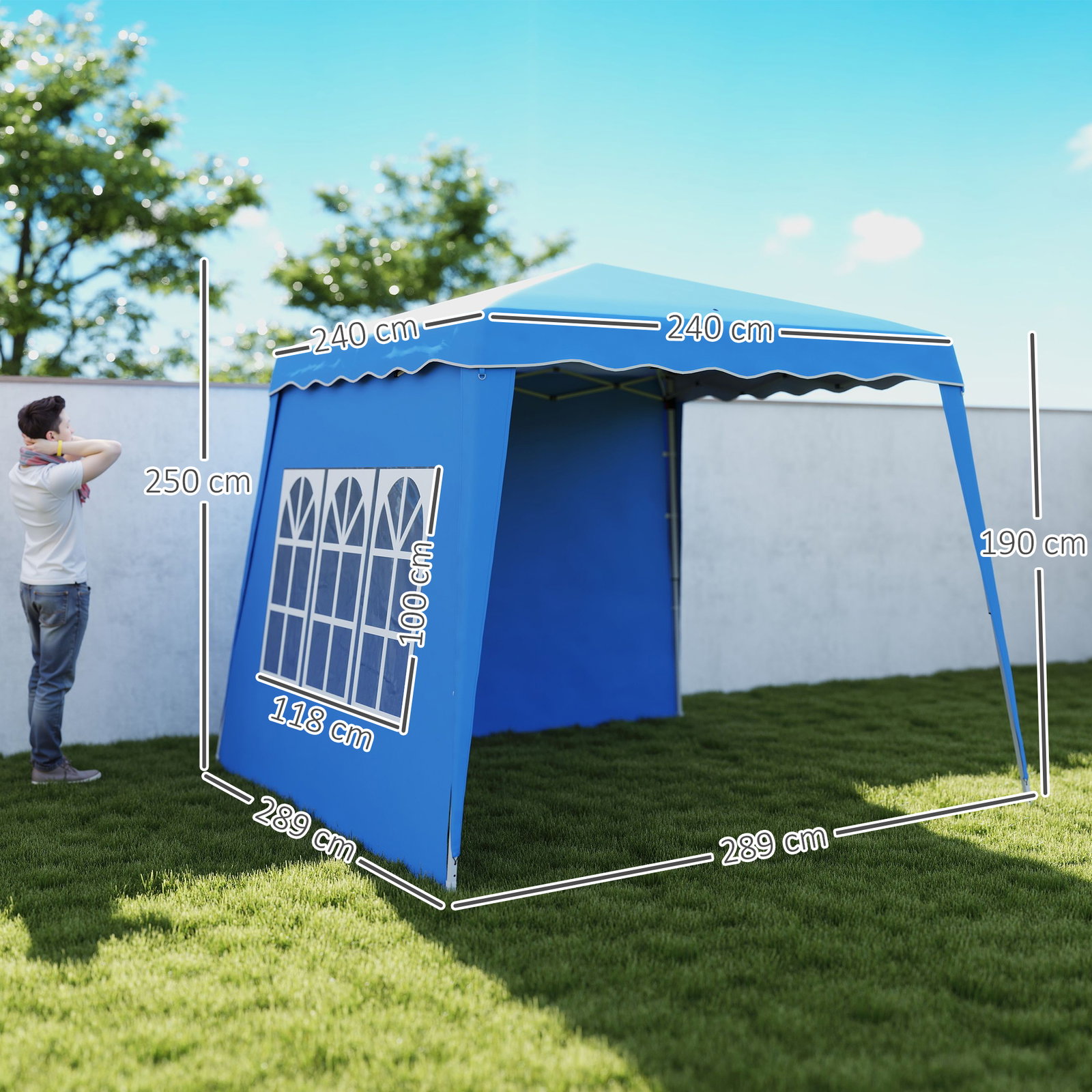 Tenda dobrável com 2 paredes laterais altura ajustável proteção uv50+ e bolsa de transporte 240x240x250 cm azul