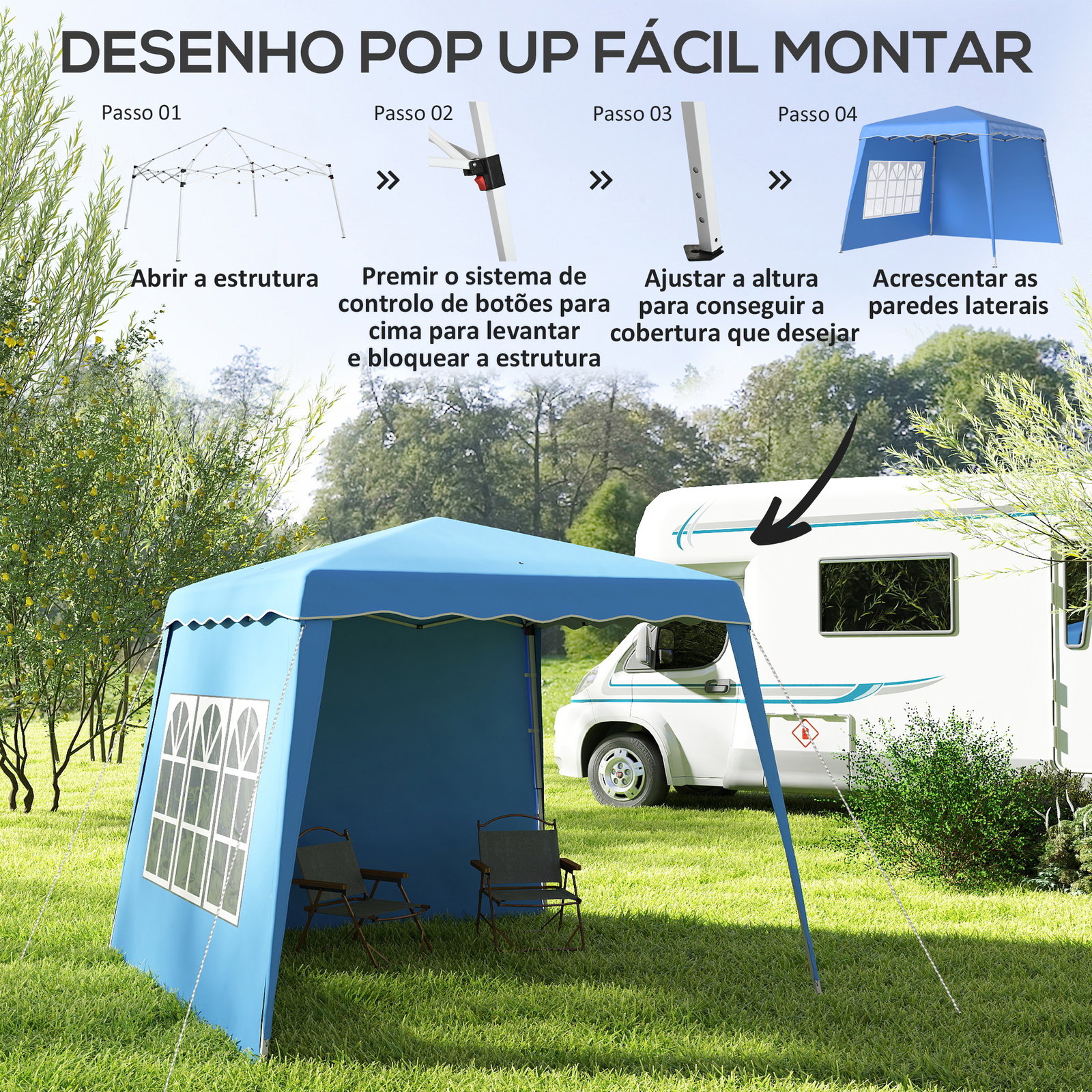 Tenda dobrável com 2 paredes laterais altura ajustável proteção uv50+ e bolsa de transporte 240x240x250 cm azul