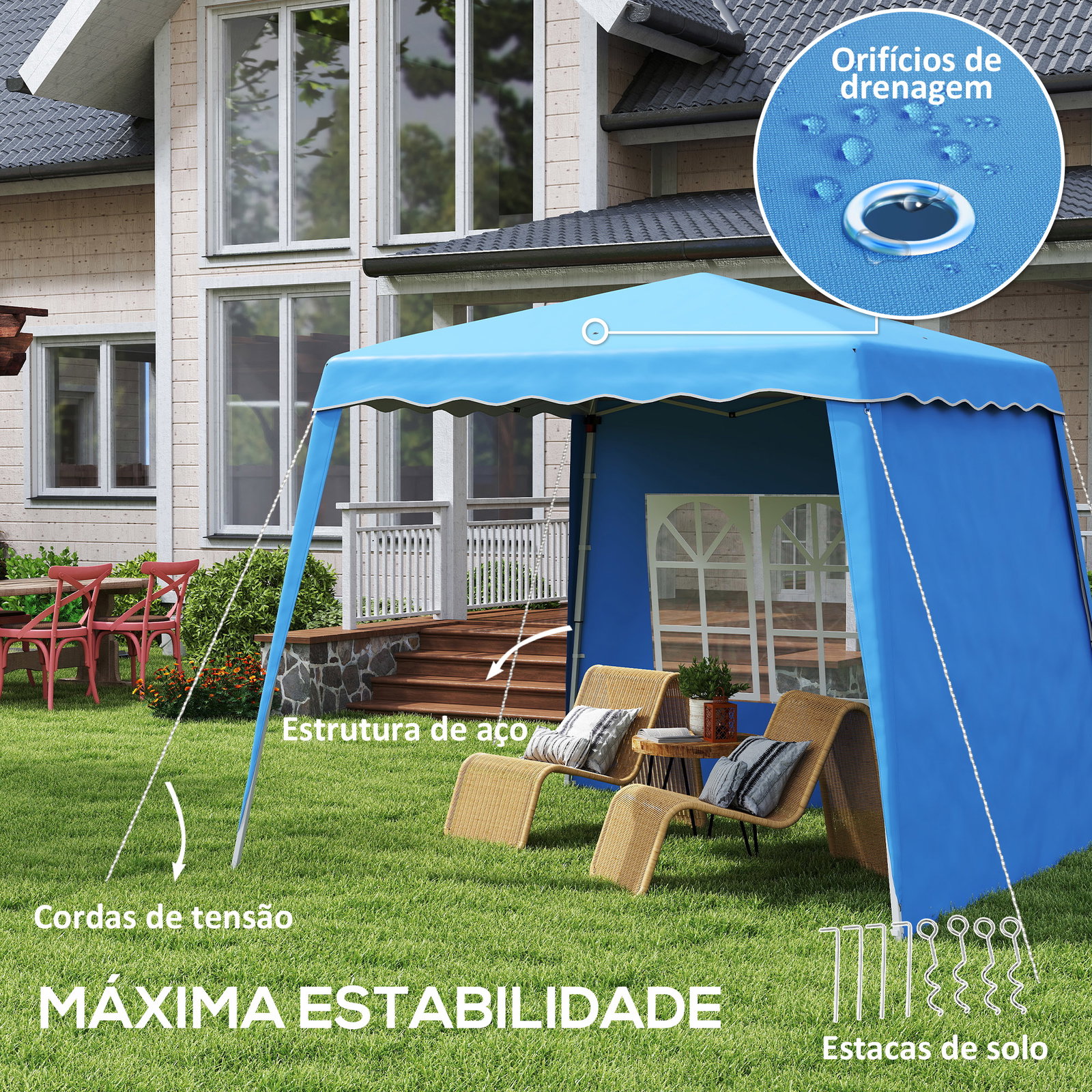 Tenda dobrável com 2 paredes laterais altura ajustável proteção uv50+ e bolsa de transporte 240x240x250 cm azul