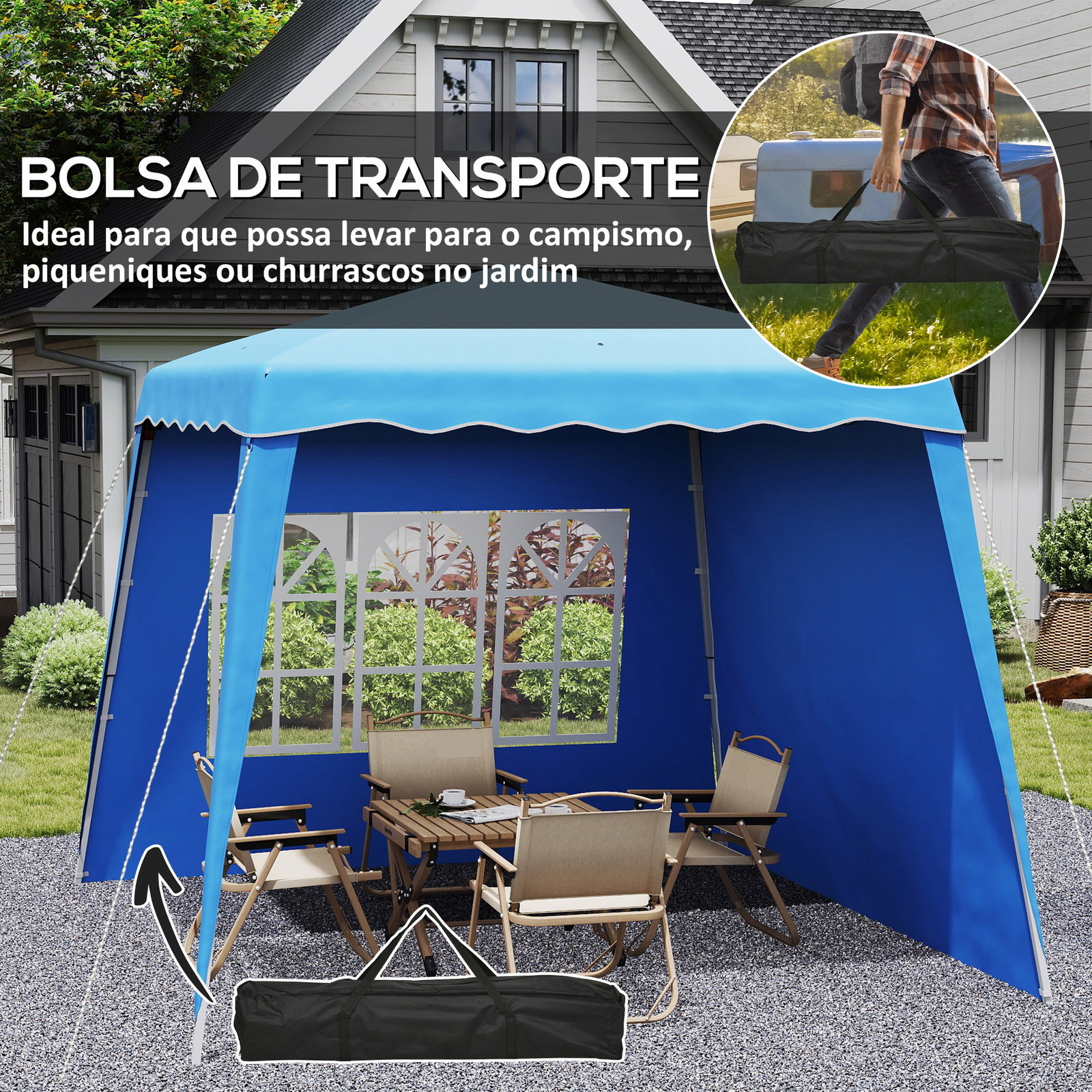 Tenda dobrável com 2 paredes laterais altura ajustável proteção uv50+ e bolsa de transporte 240x240x250 cm azul