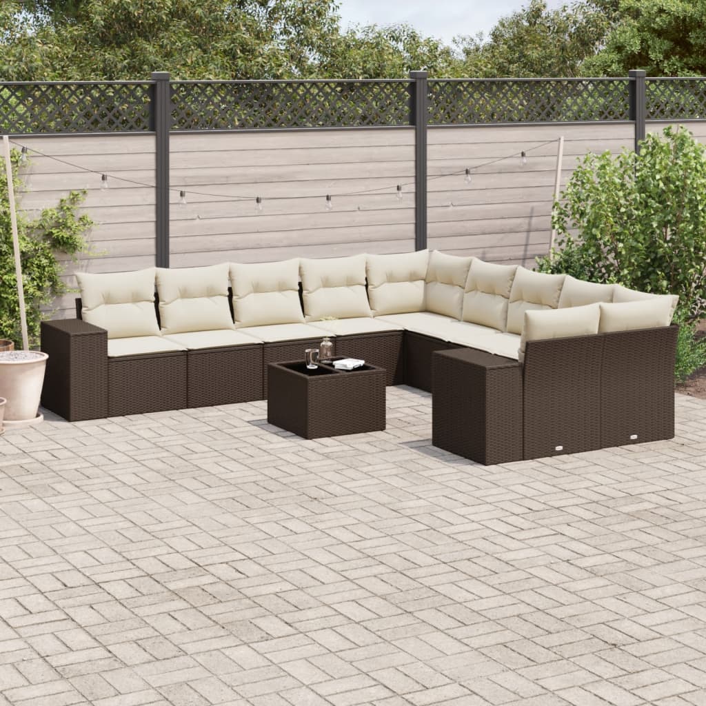 11 Pcs conjunto sofás de jardim c/ almofadões vime PE castanho