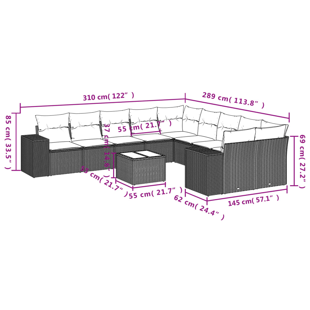 11 Pcs conjunto sofás de jardim c/ almofadões vime PE castanho