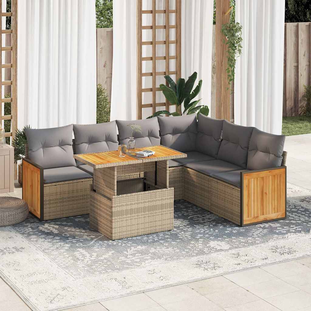7 Pcs conjunto sofás jardim com almofadões vime PE/acácia bege