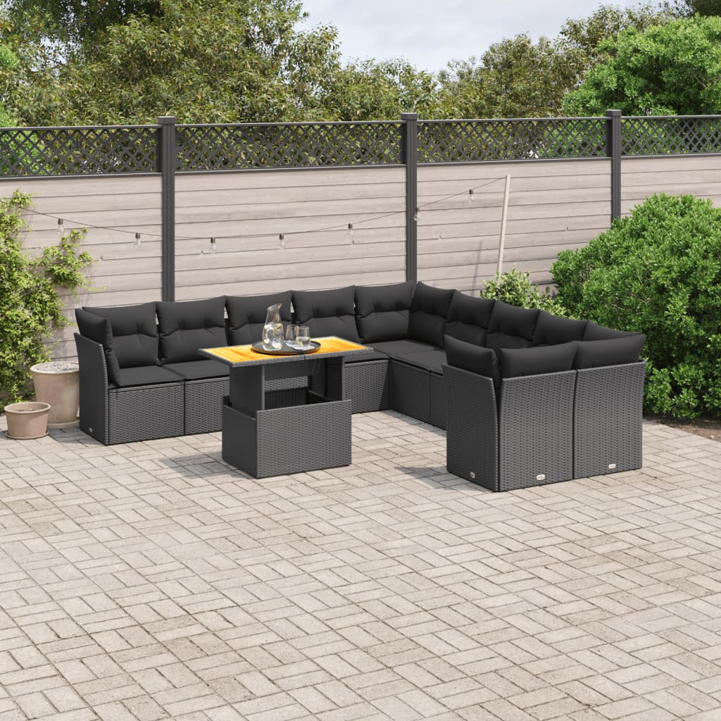 11 Pcs conjunto sofás de jardim c/ almofadões vime PE preto