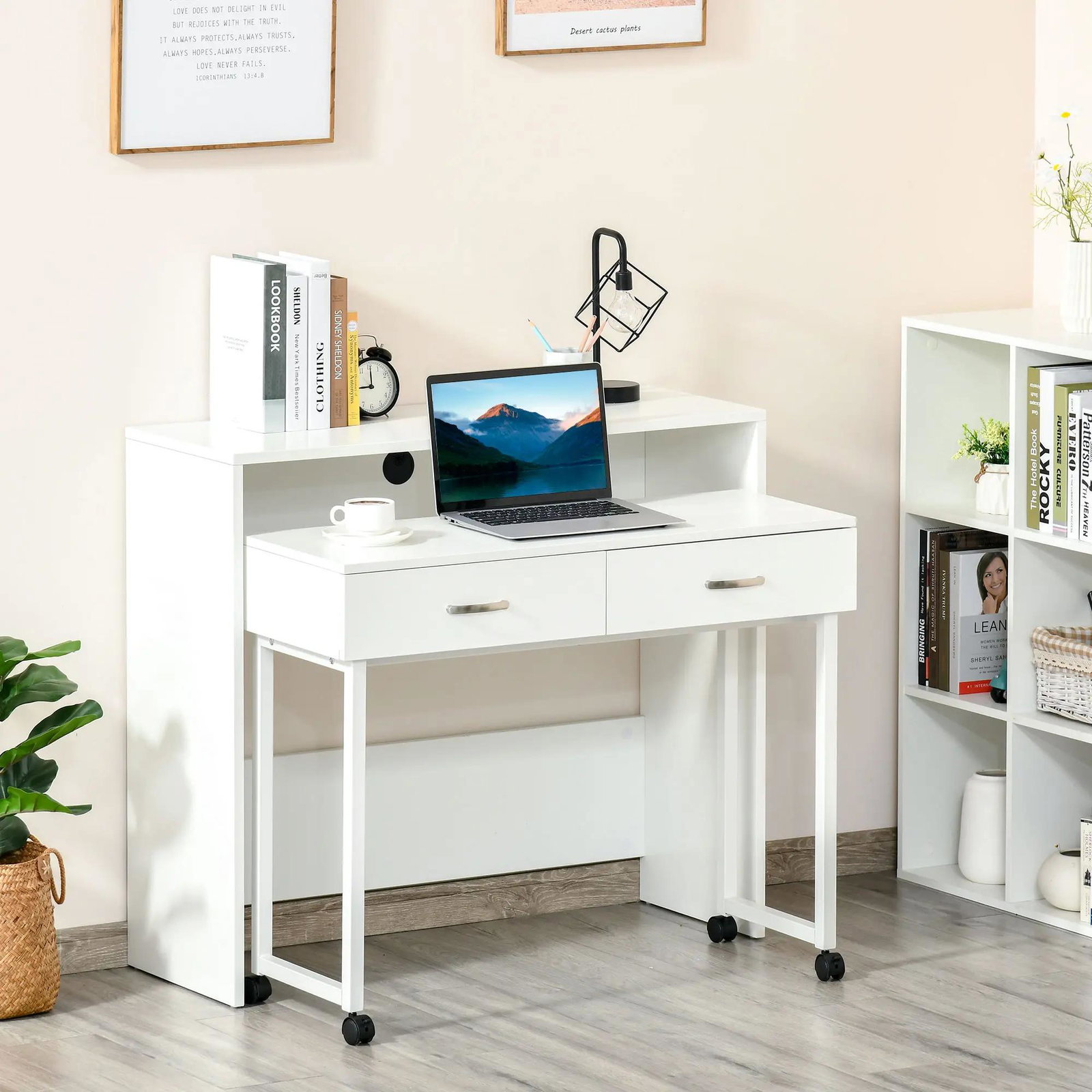 Conjunto de 2 mesas secretária para escritório com rodas 2 gavetas 100x36x88 cm Branco