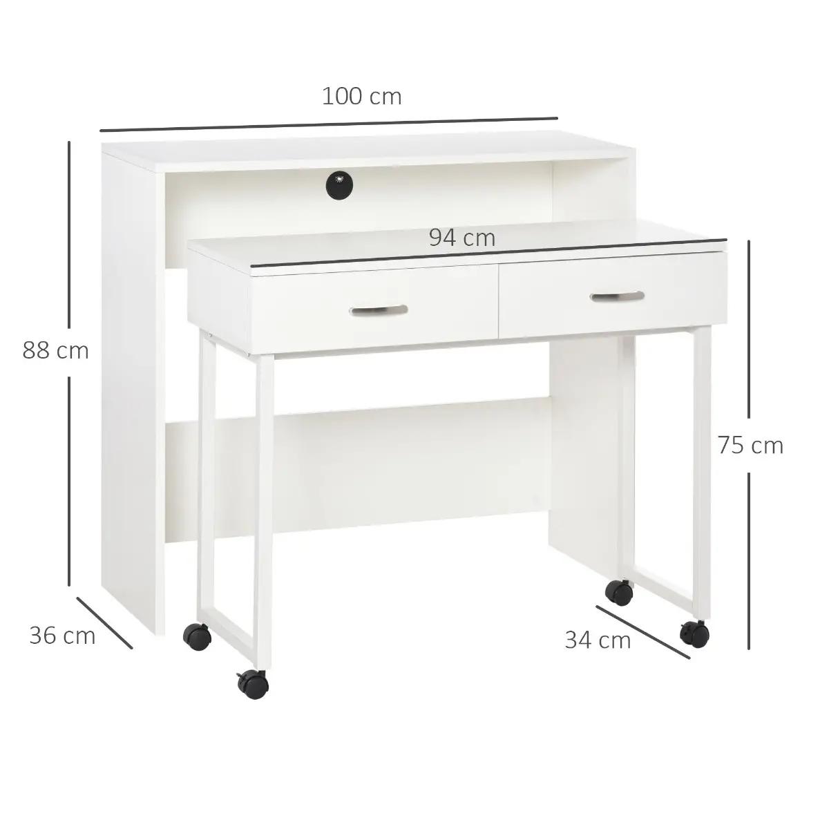 Conjunto de 2 mesas secretária para escritório com rodas 2 gavetas 100x36x88 cm Branco