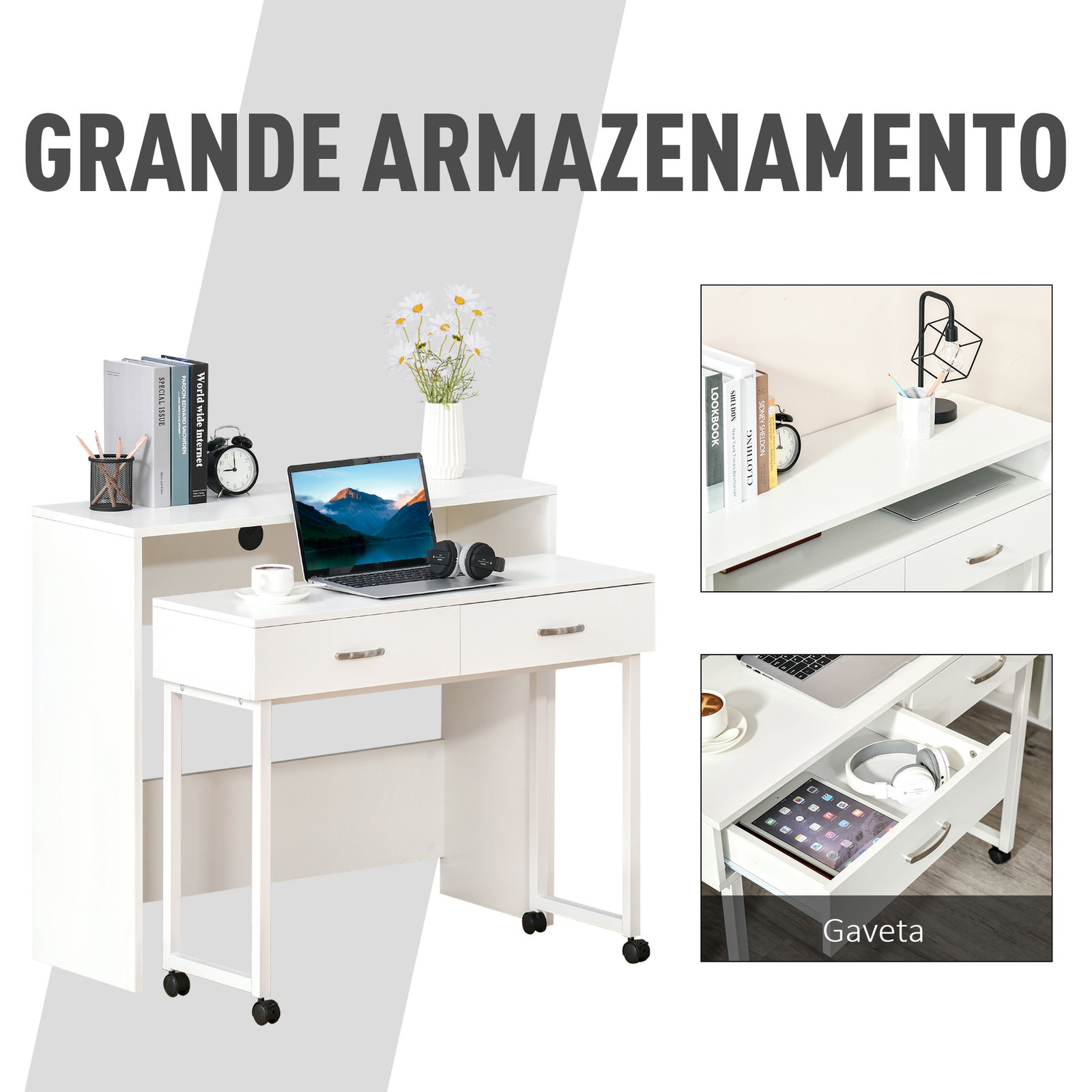 Conjunto de 2 mesas secretária para escritório com rodas 2 gavetas 100x36x88 cm Branco