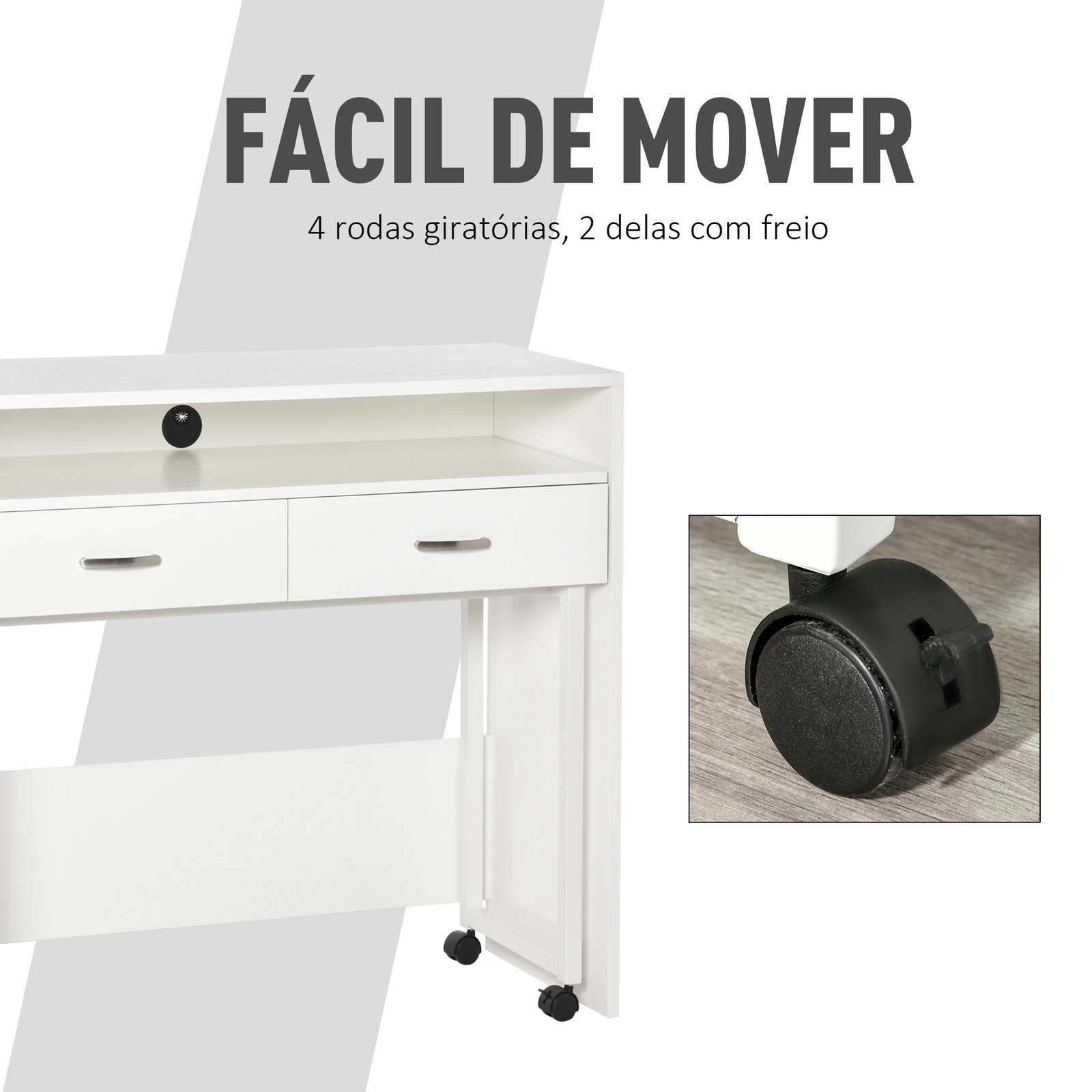 Conjunto de 2 mesas secretária para escritório com rodas 2 gavetas 100x36x88 cm Branco