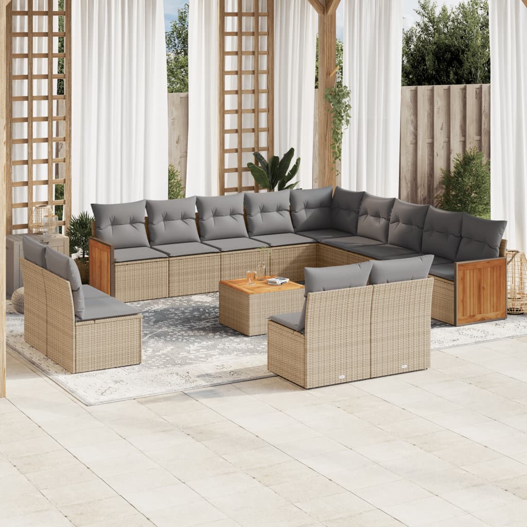 14 Pcs conjunto de sofás p/ jardim com almofadões vime PE bege