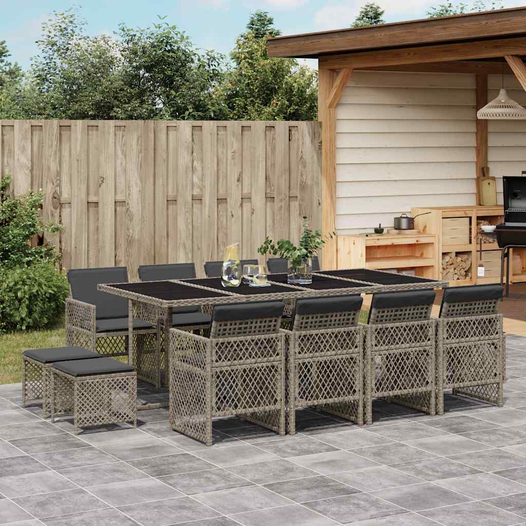 13 Pcs conjunto jantar p/ jardim c/ almofadões vime PE cinzento