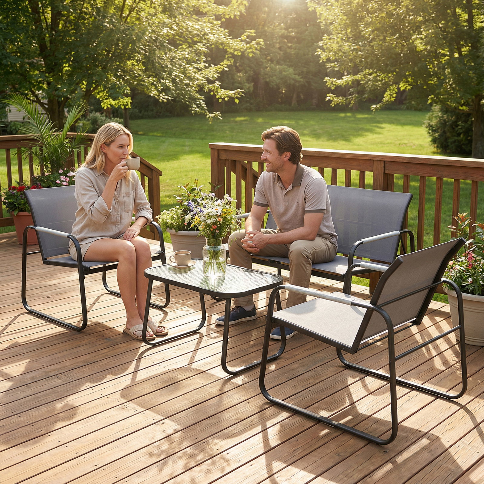 Conjunto de jardim exterior com 1 sofá de 2 lugares 2 poltronas e mesa com tampo de vidro temperado textilene respirável cinzento