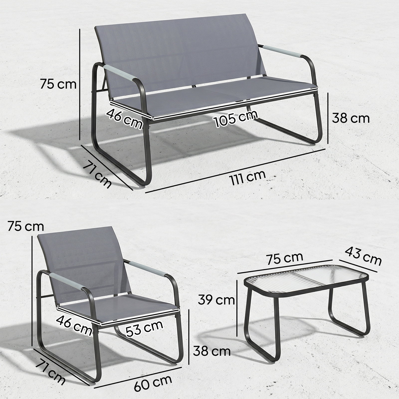 Conjunto de jardim exterior com 1 sofá de 2 lugares 2 poltronas e mesa com tampo de vidro temperado textilene respirável cinzento