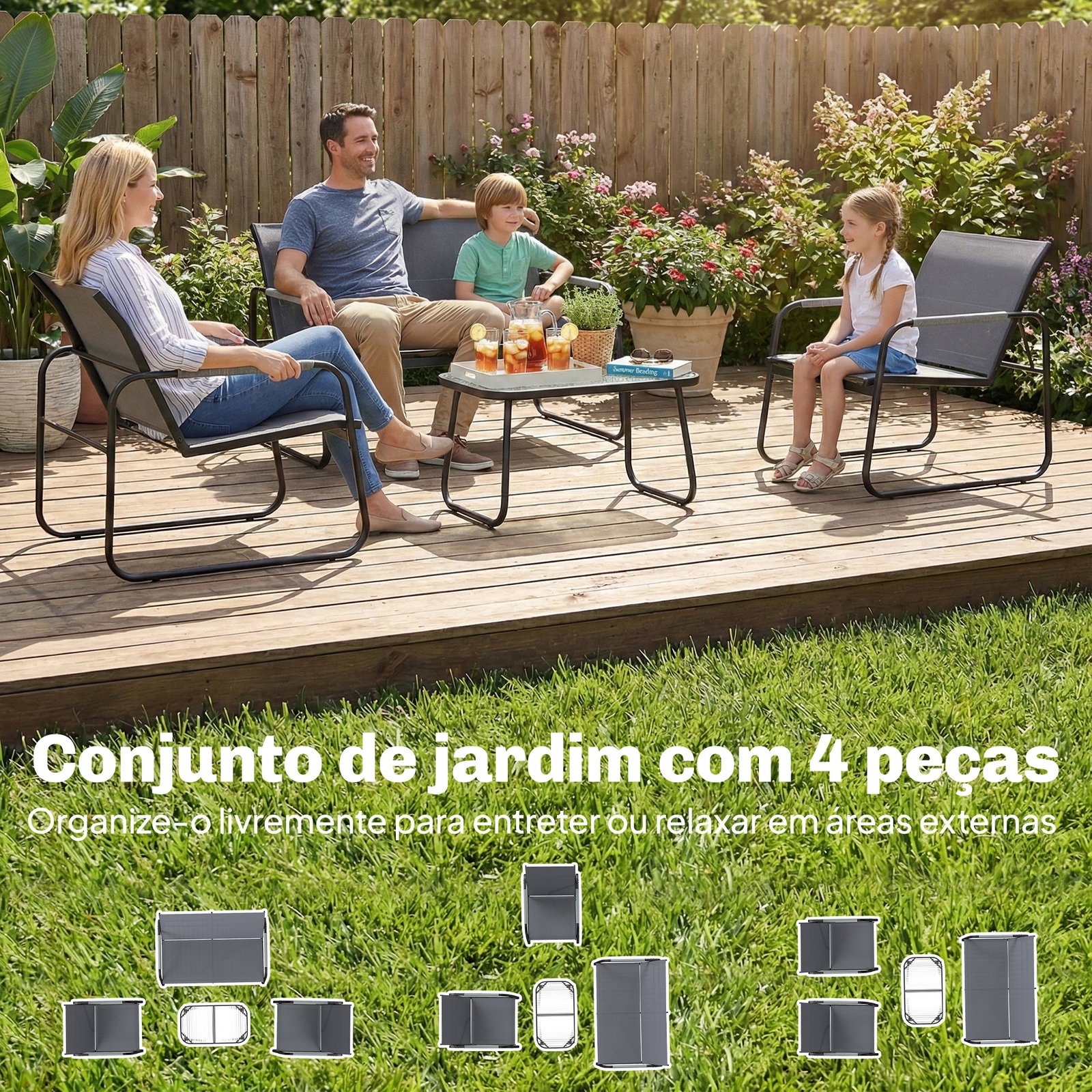 Conjunto de jardim exterior com 1 sofá de 2 lugares 2 poltronas e mesa com tampo de vidro temperado textilene respirável cinzento