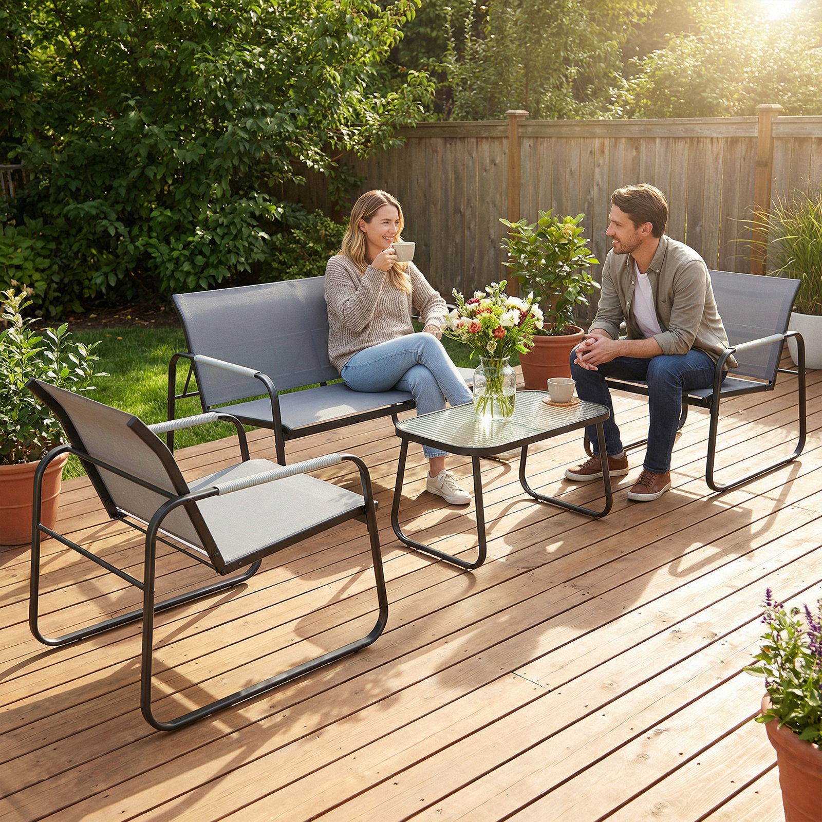 Conjunto de jardim exterior com 1 sofá de 2 lugares 2 poltronas e mesa com tampo de vidro temperado textilene respirável cinzento