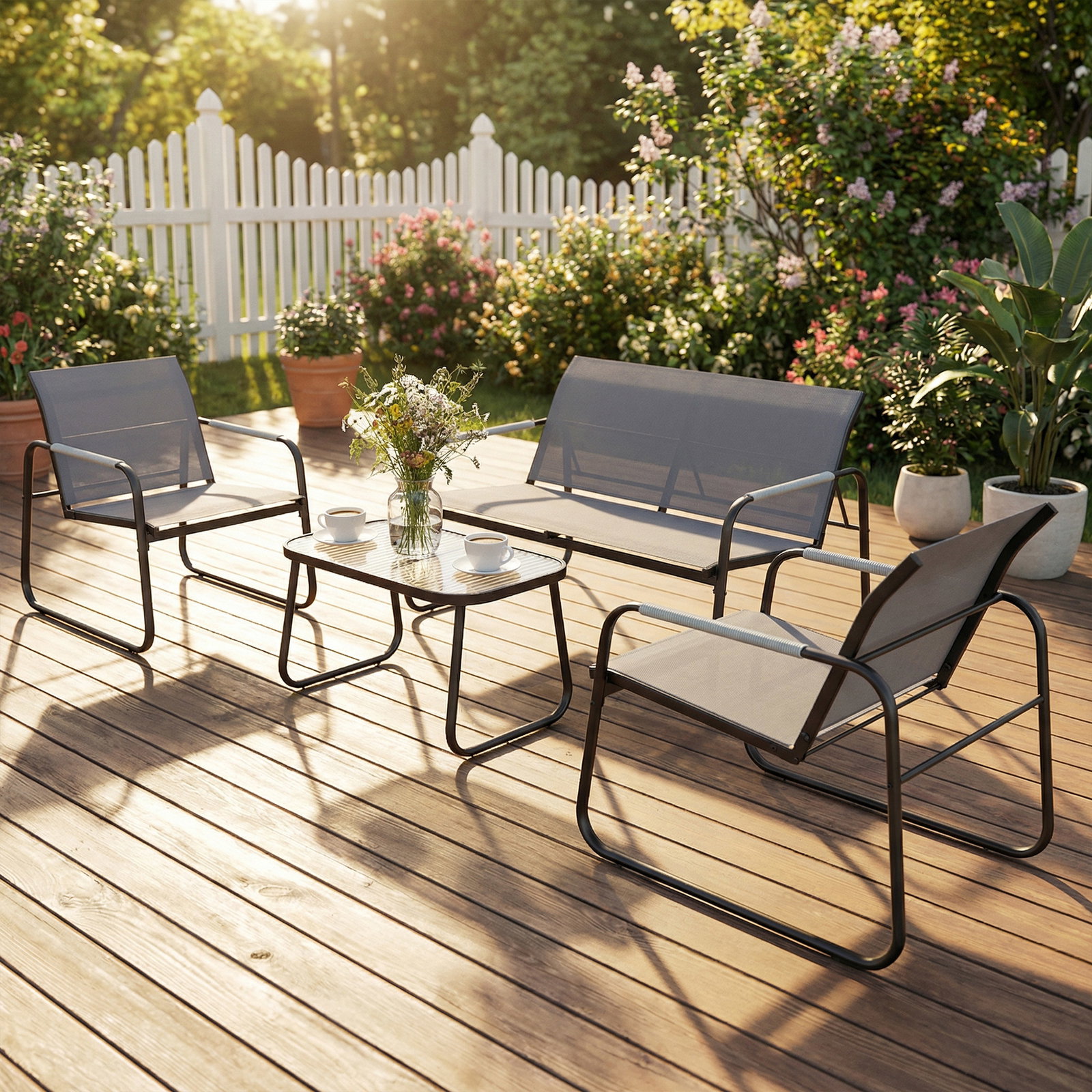 Conjunto de jardim exterior com 1 sofá de 2 lugares 2 poltronas e mesa com tampo de vidro temperado textilene respirável cinzento
