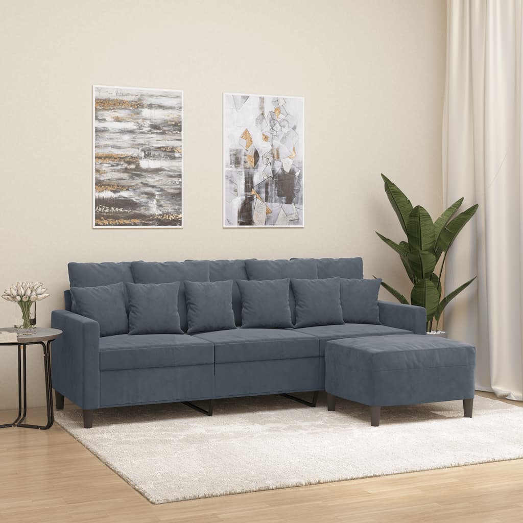 Sofá de 3 lugares com apoio de pés 180 cm veludo cinza-escuro