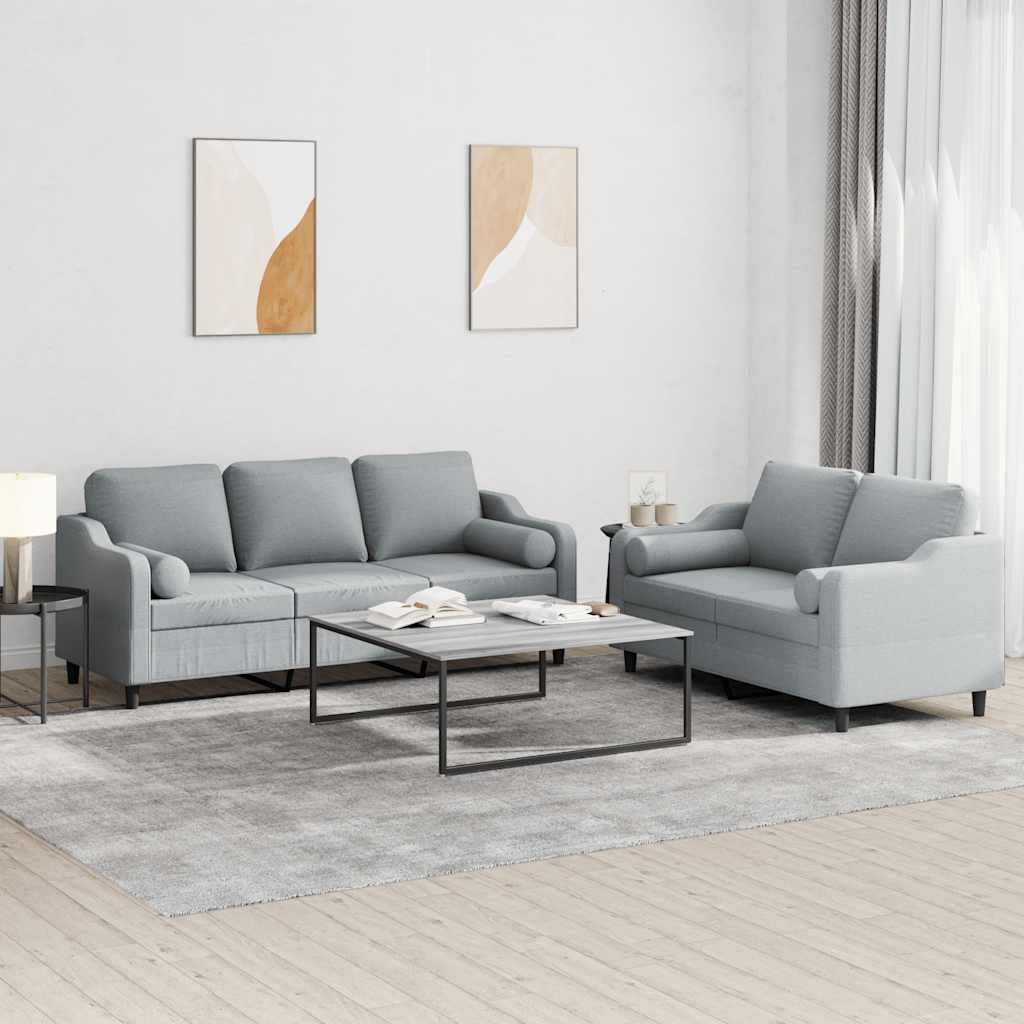 2 Pcs conjunto de sofás com almofadas tecido cinzento-claro