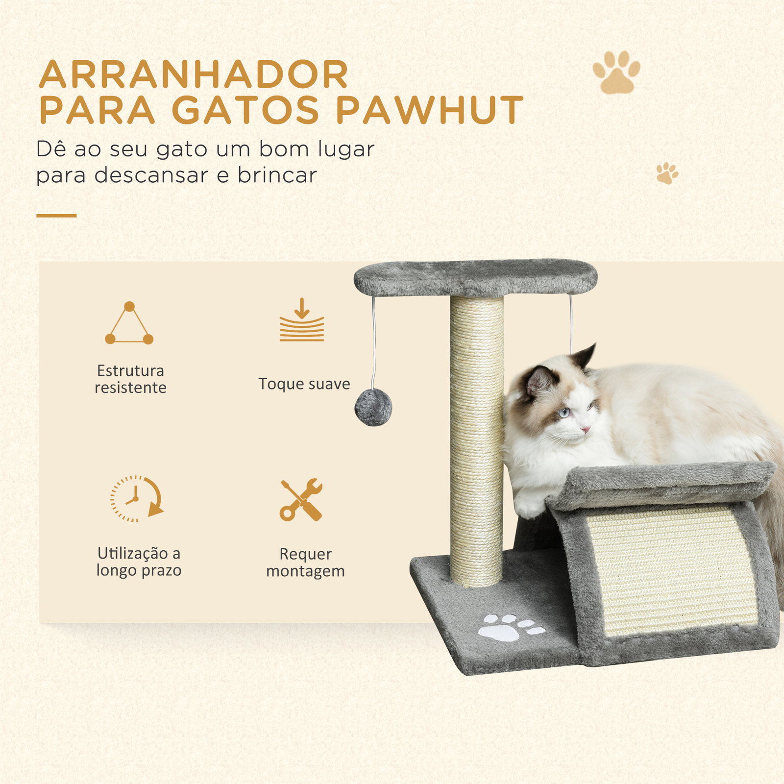 Árvore arranhador para gatos pequena com poste giratório bolas suspensas plataforma curva e esconderijo 40x30x43 cm cinza
