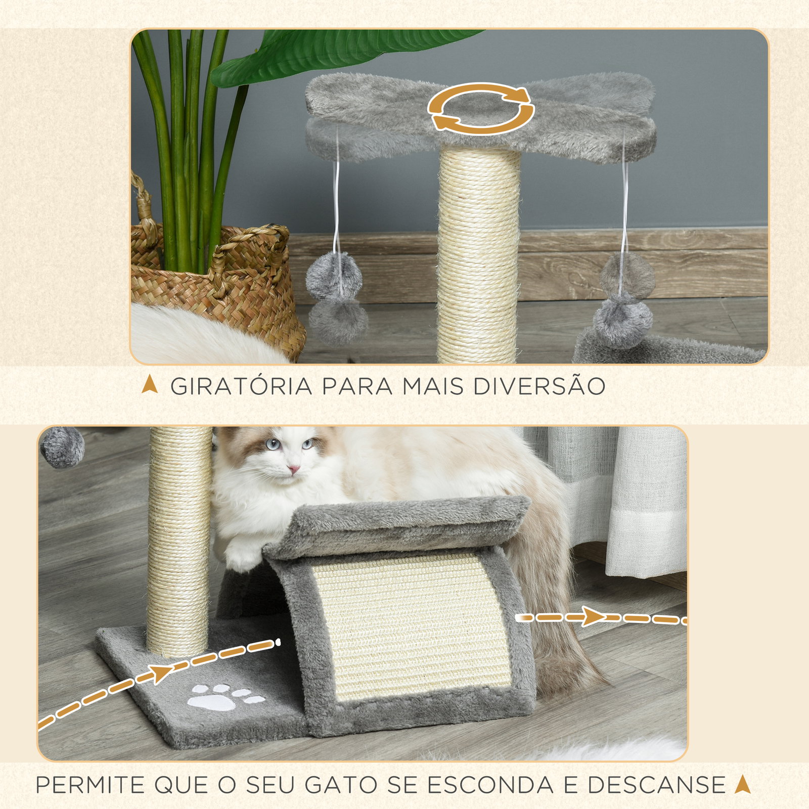 Árvore arranhador para gatos pequena com poste giratório bolas suspensas plataforma curva e esconderijo 40x30x43 cm cinza