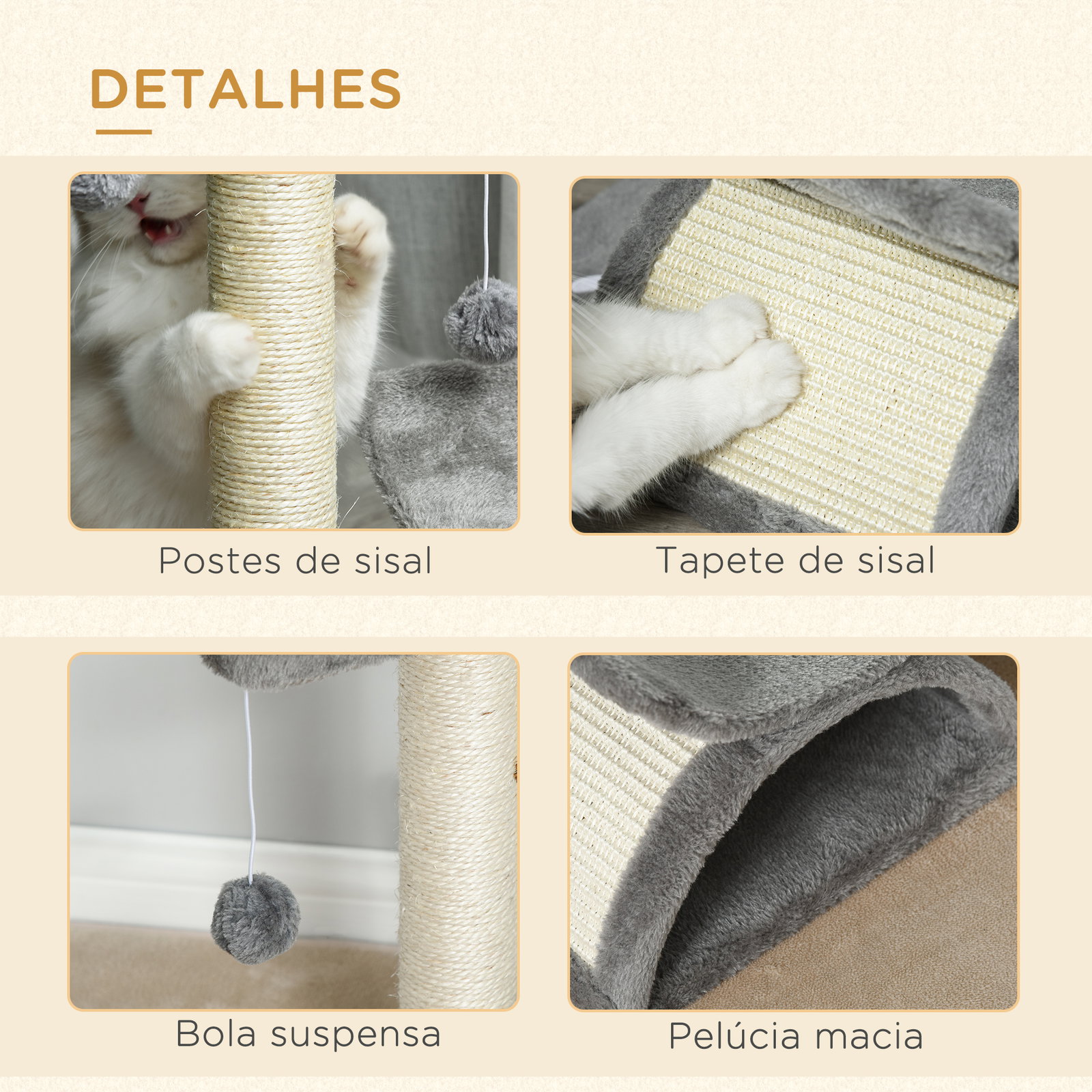 Árvore arranhador para gatos pequena com poste giratório bolas suspensas plataforma curva e esconderijo 40x30x43 cm cinza