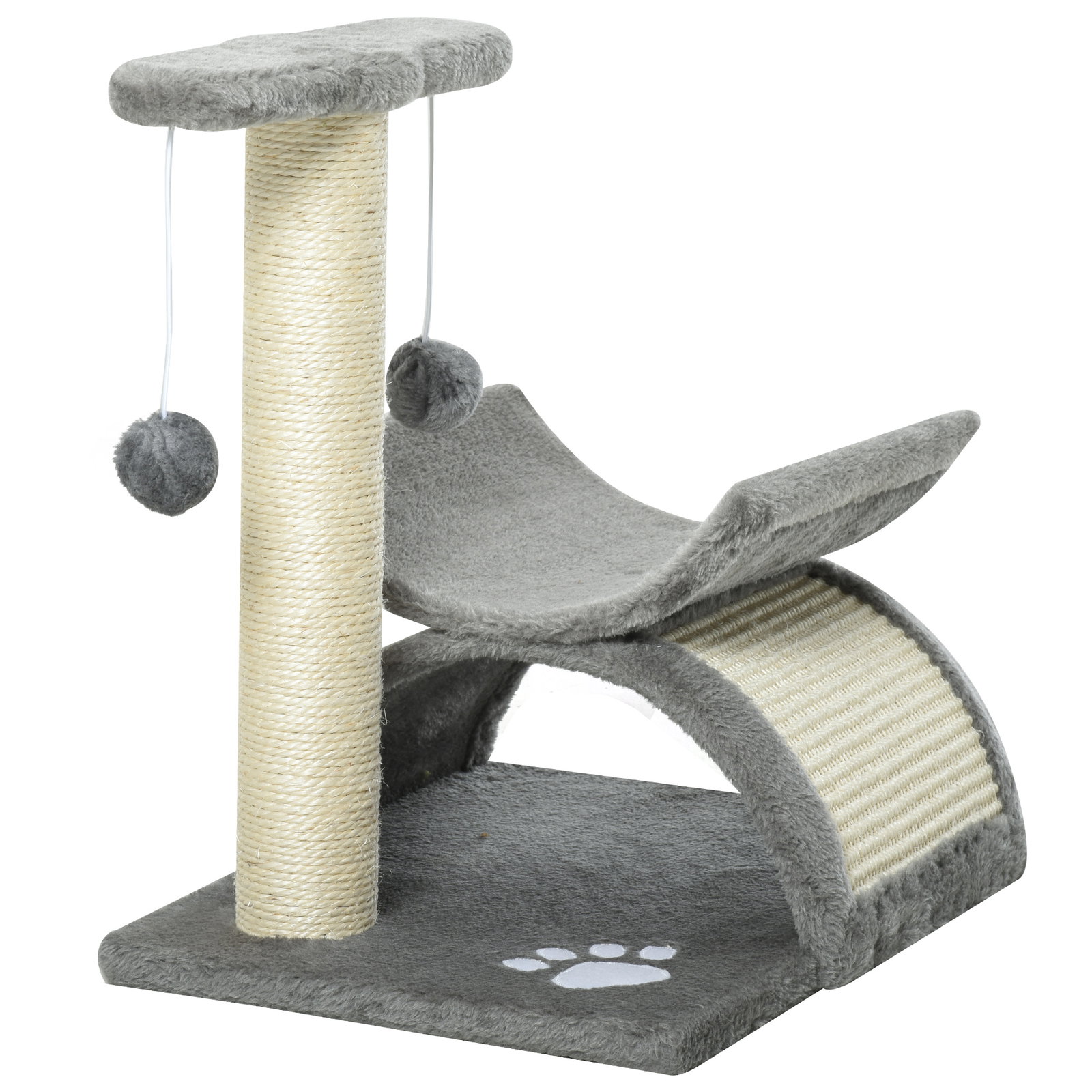 Árvore arranhador para gatos pequena com poste giratório bolas suspensas plataforma curva e esconderijo 40x30x43 cm cinza