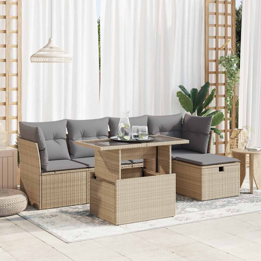 6 Pcs conjunto de sofás p/ jardim com almofadões vime PE bege