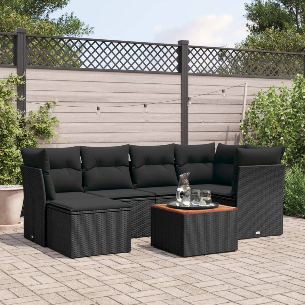 7 Pcs conjunto de sofás p/ jardim c/ almofadões vime PE preto