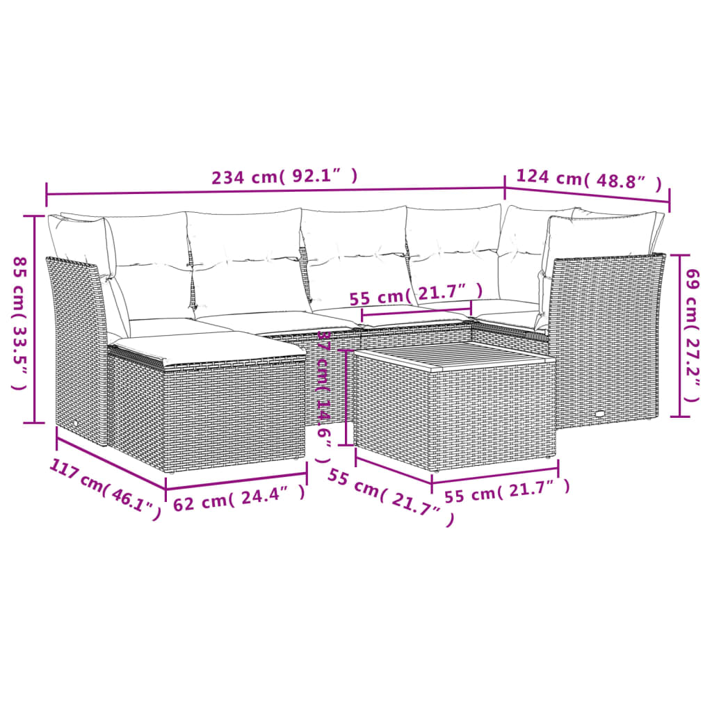7 Pcs conjunto de sofás p/ jardim c/ almofadões vime PE preto