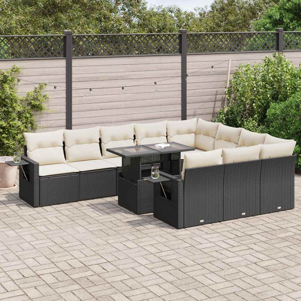 11 Pcs conjunto sofás de jardim c/ almofadões vime PE preto