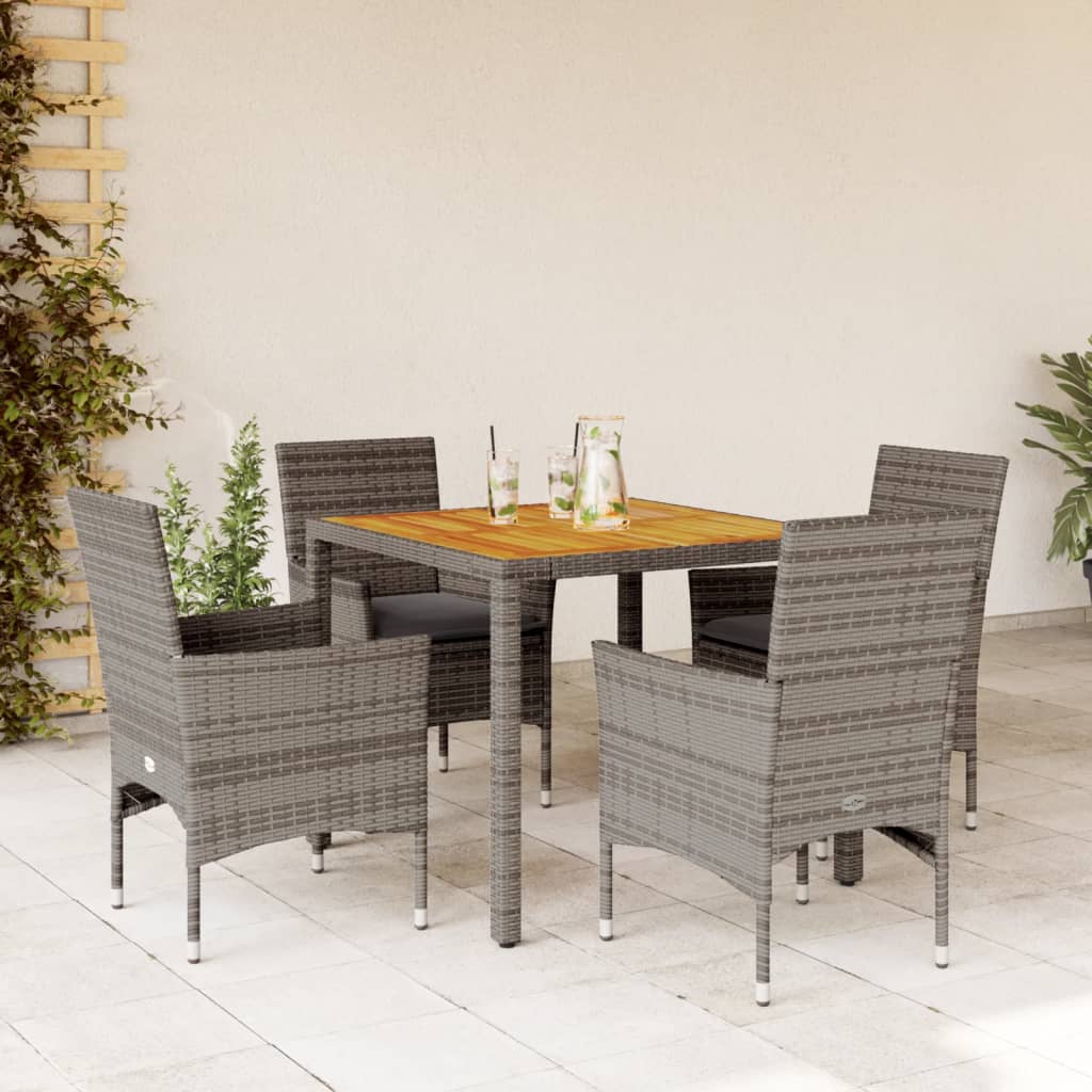 5 Pcs conjunto jantar jardim c/ almofadões vime PE/acácia cinza