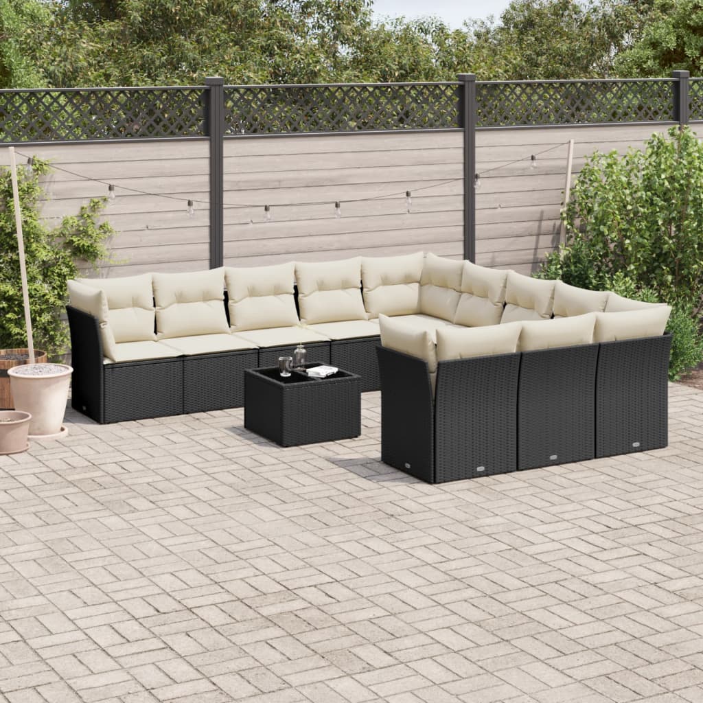 12 Pcs conjunto de sofás de jardim c/ almofadões vime PE preto