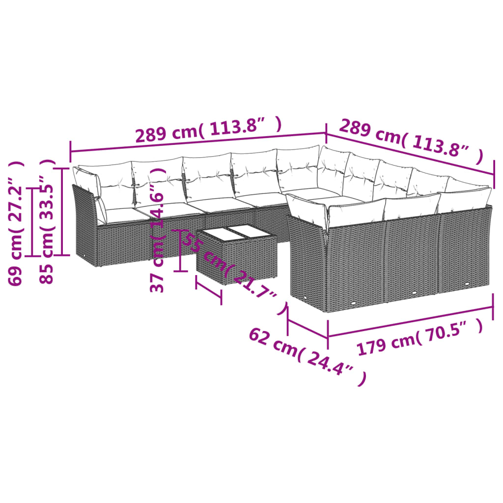 12 Pcs conjunto de sofás de jardim c/ almofadões vime PE preto