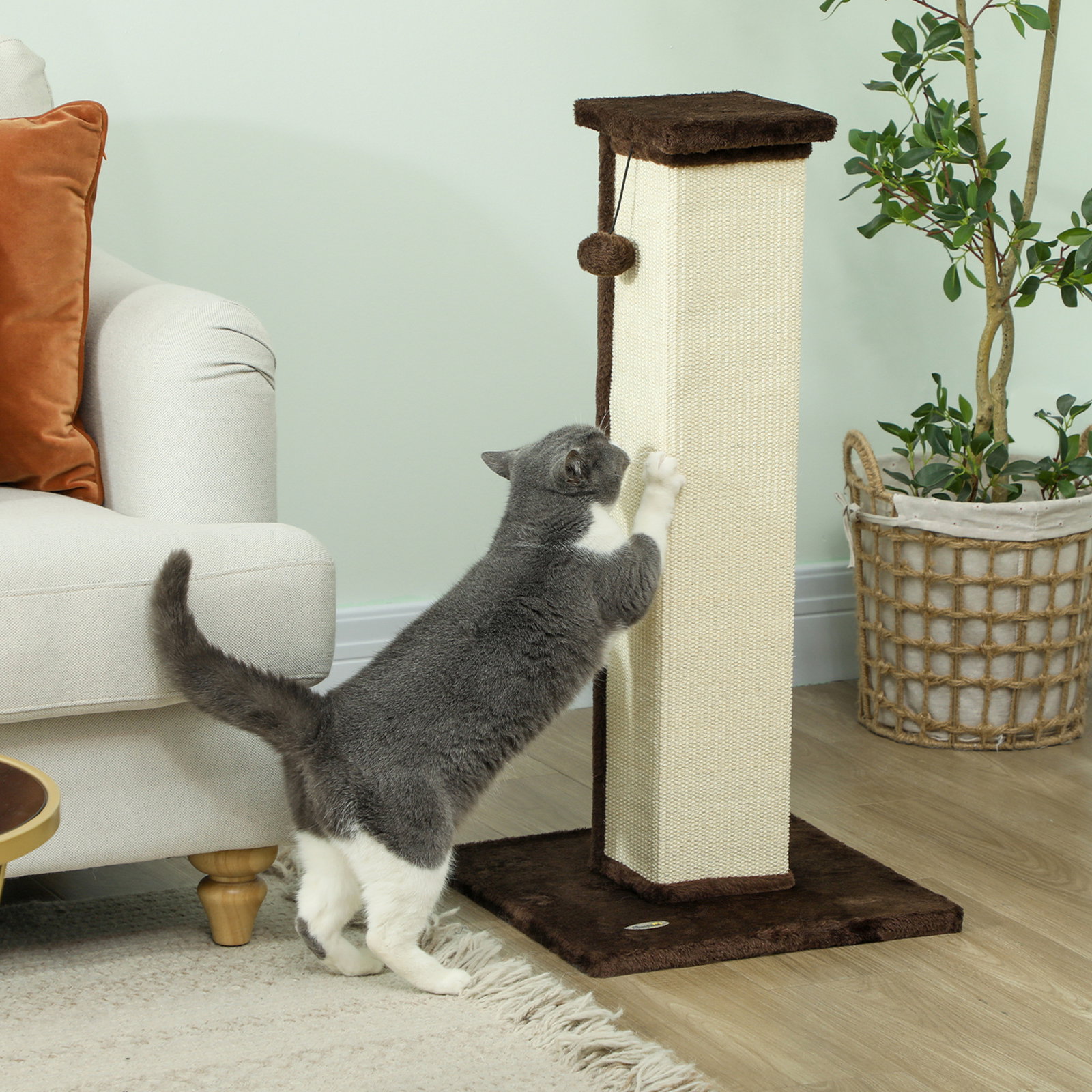Poste arranhador para gatos altura 81 cm arranhador para gatos com poste de sisal e bola suspensa 41x41x81 cm marrom