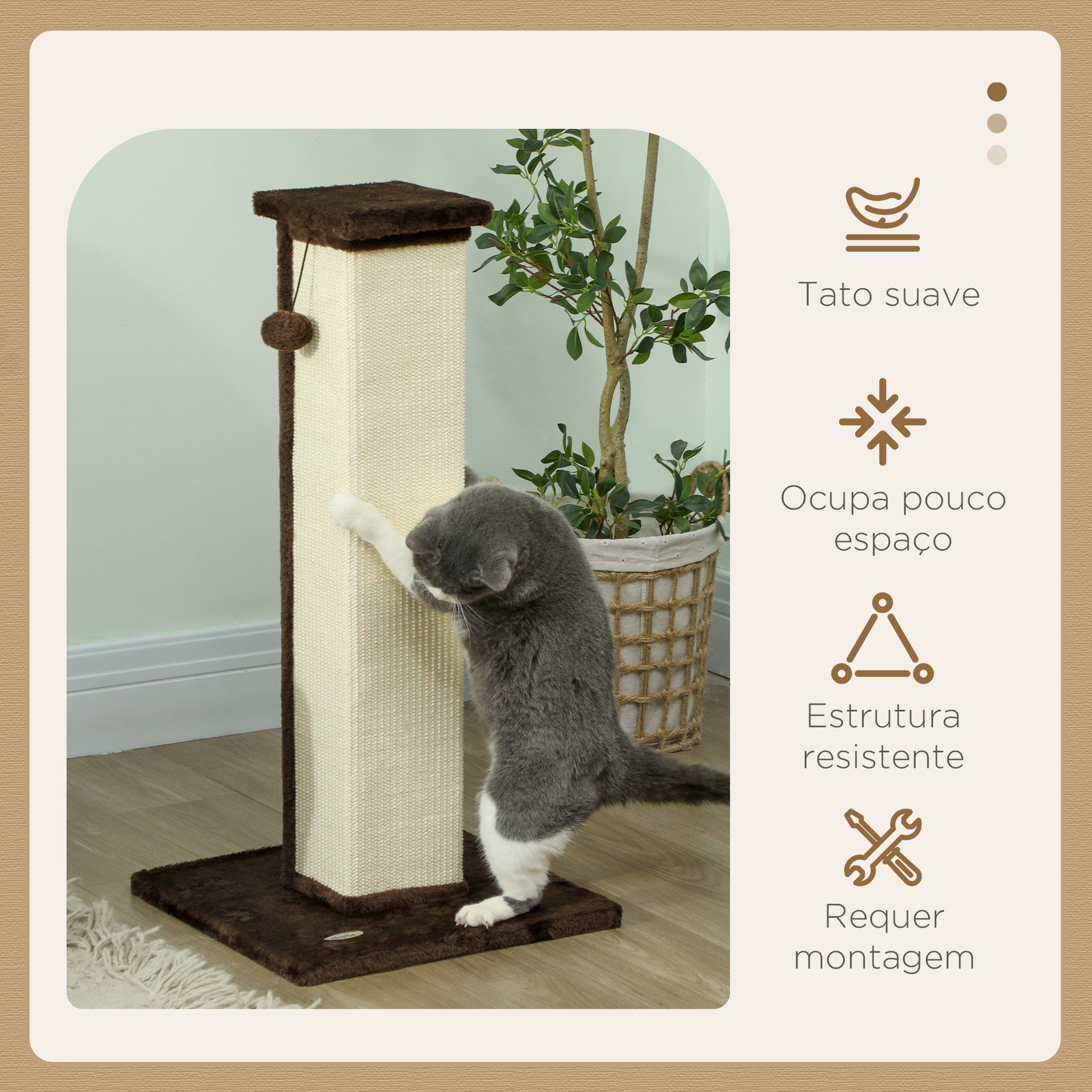 Poste arranhador para gatos altura 81 cm arranhador para gatos com poste de sisal e bola suspensa 41x41x81 cm marrom