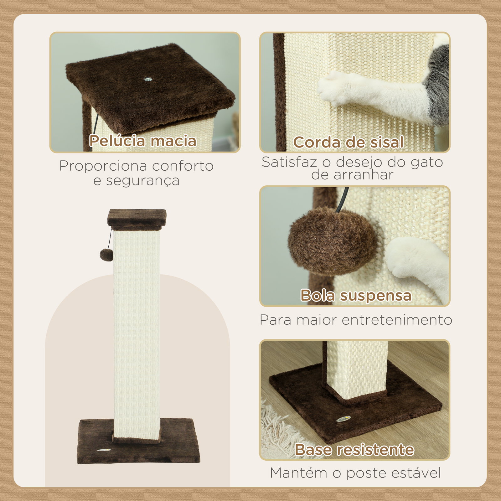 Poste arranhador para gatos altura 81 cm arranhador para gatos com poste de sisal e bola suspensa 41x41x81 cm marrom