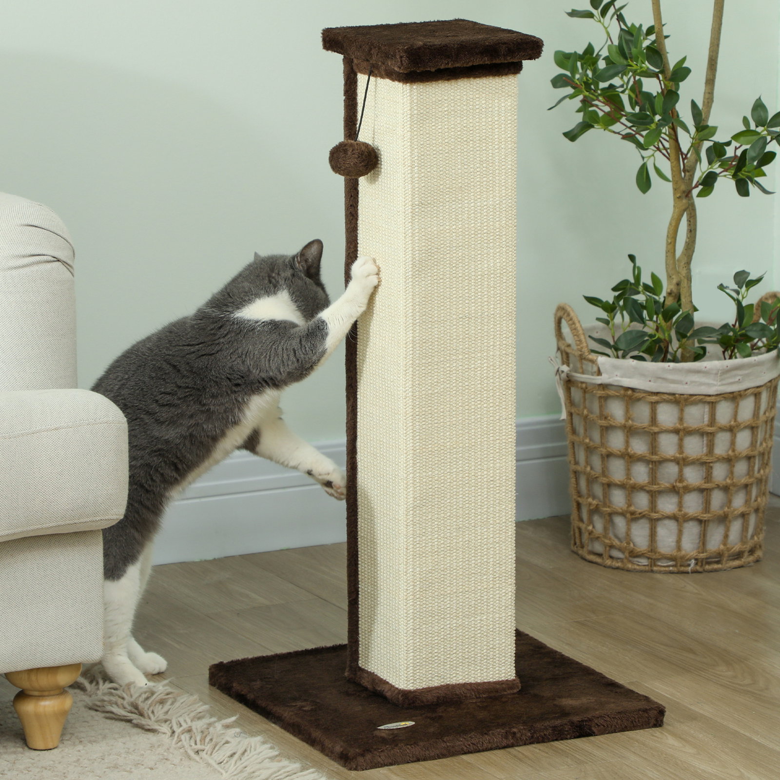 Poste arranhador para gatos altura 81 cm arranhador para gatos com poste de sisal e bola suspensa 41x41x81 cm marrom