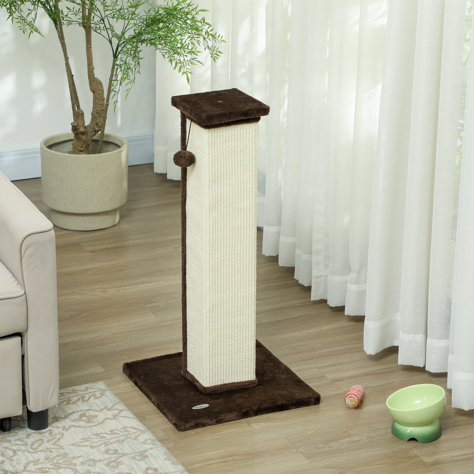 Poste arranhador para gatos altura 81 cm arranhador para gatos com poste de sisal e bola suspensa 41x41x81 cm marrom