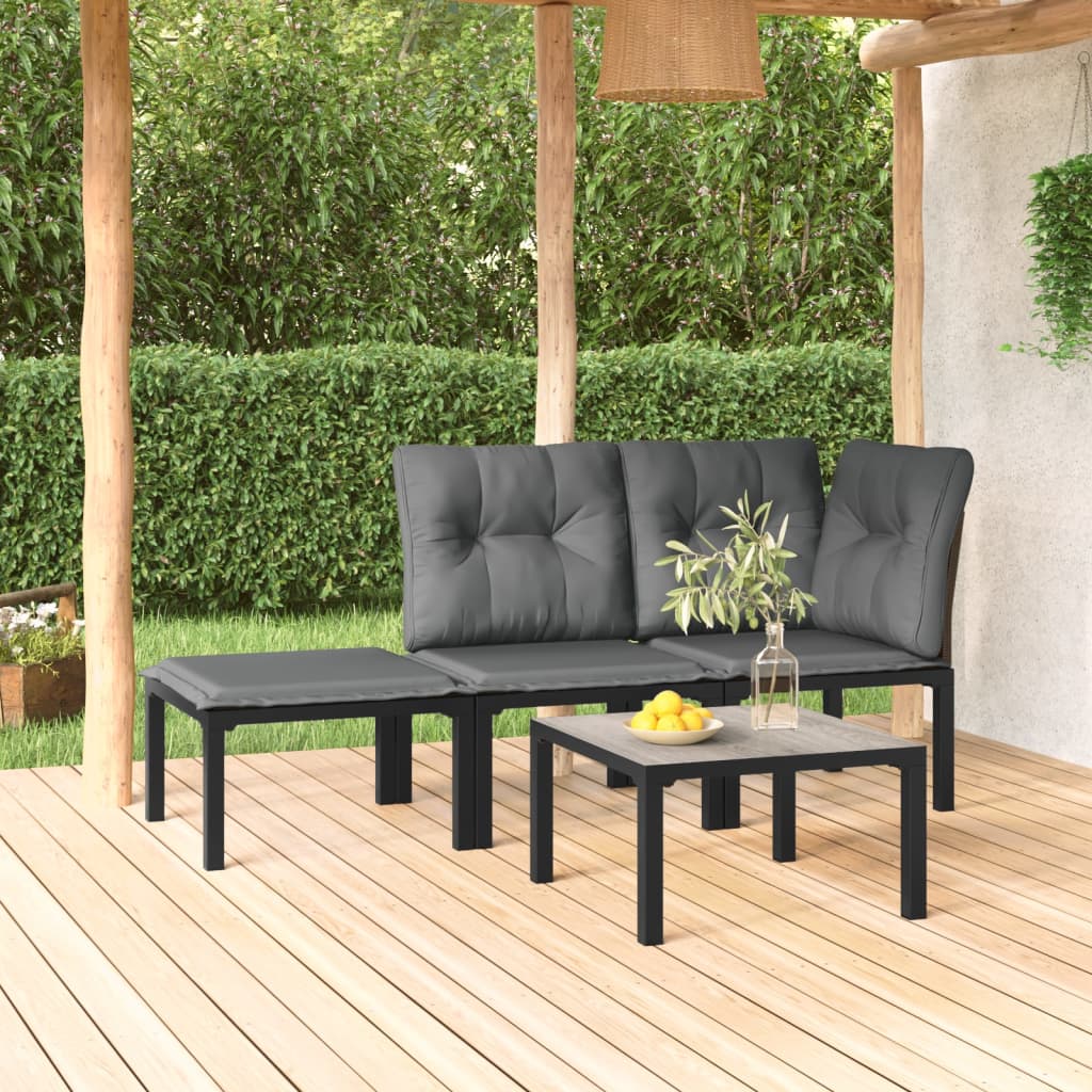 4 Pcs conjunto lounge de jardim vime PE preto e cinzento