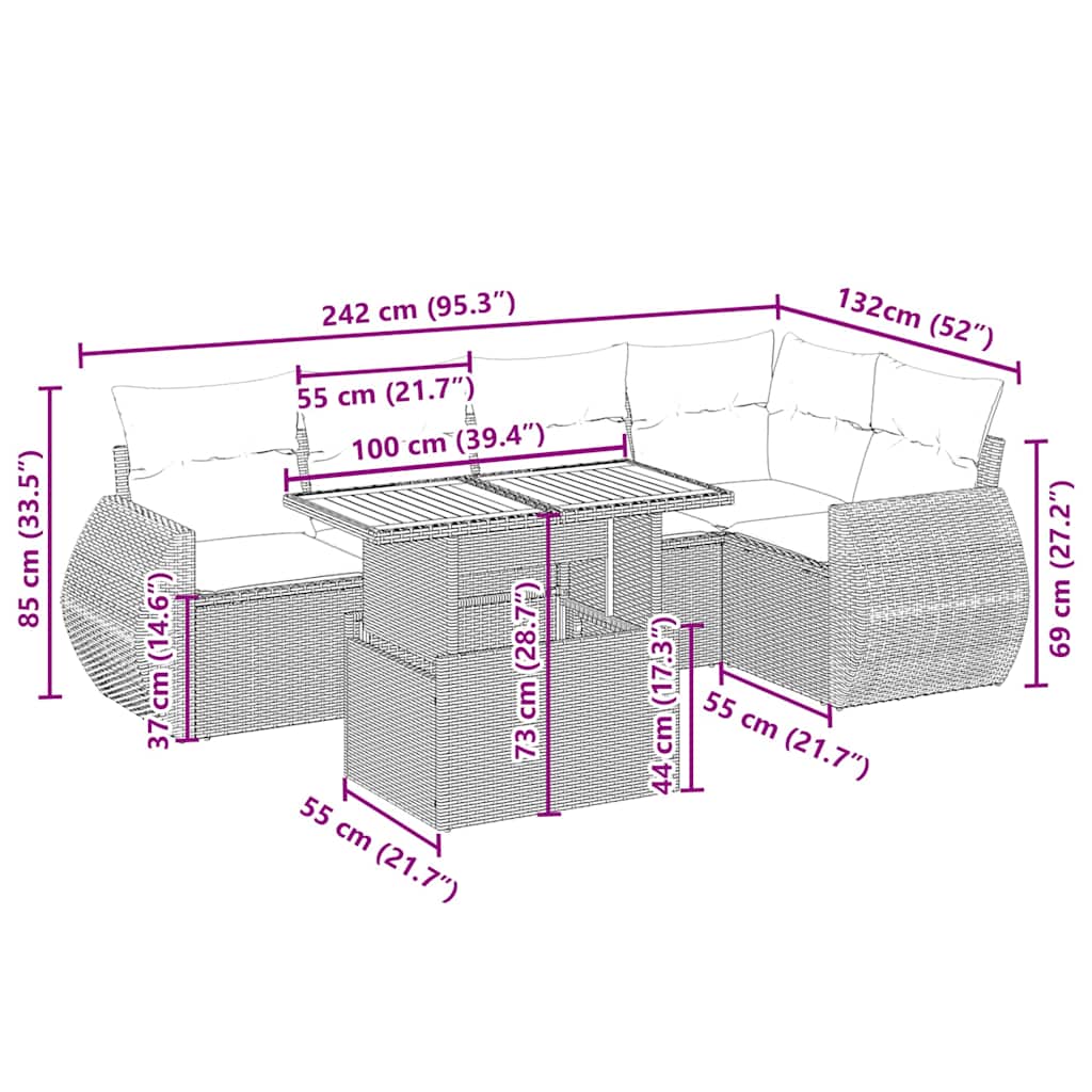 6 Pcs conjunto de sofás p/ jardim com almofadões vime PE bege