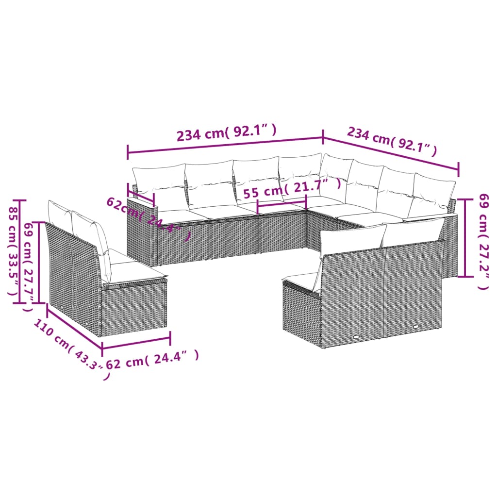 11 Pcs conjunto sofás de jardim c/ almofadões vime PE bege