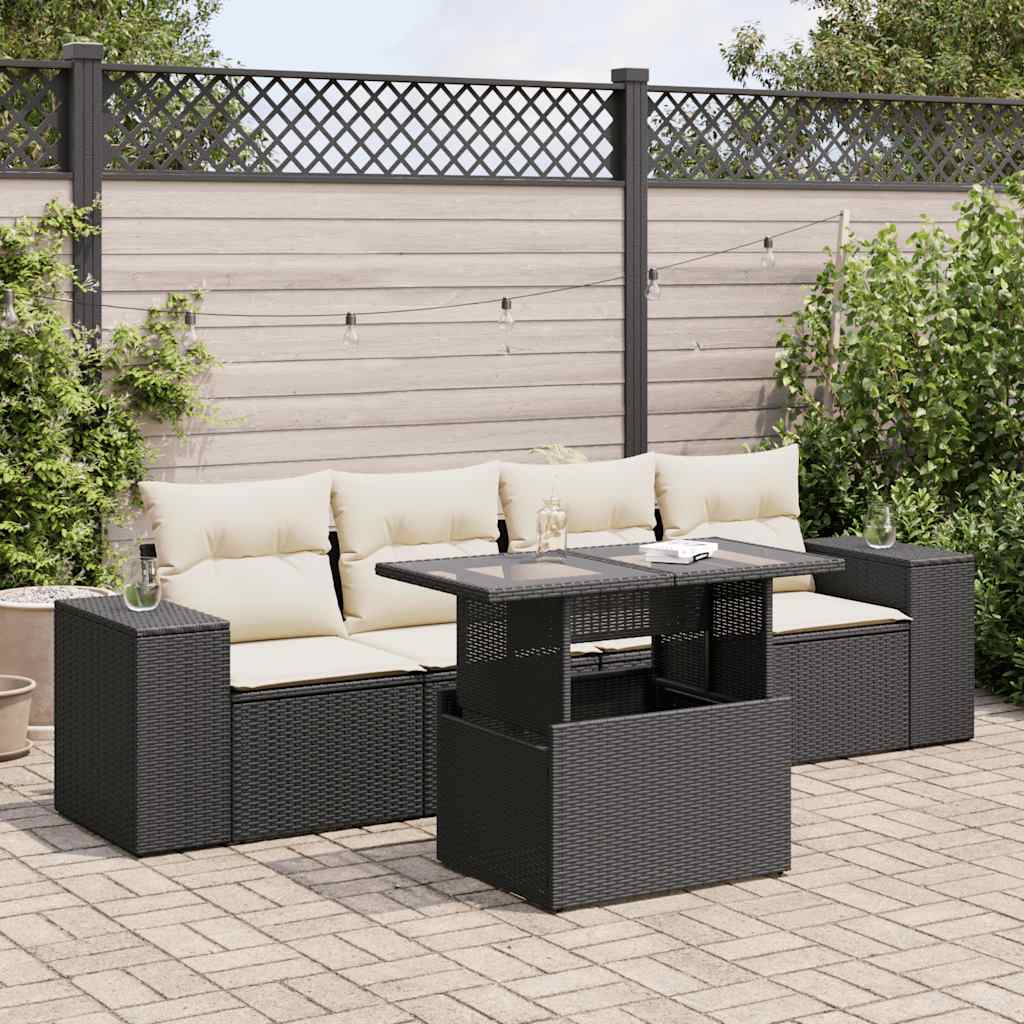 5 Pcs conjunto sofás de jardim com almofadões vime PE preto