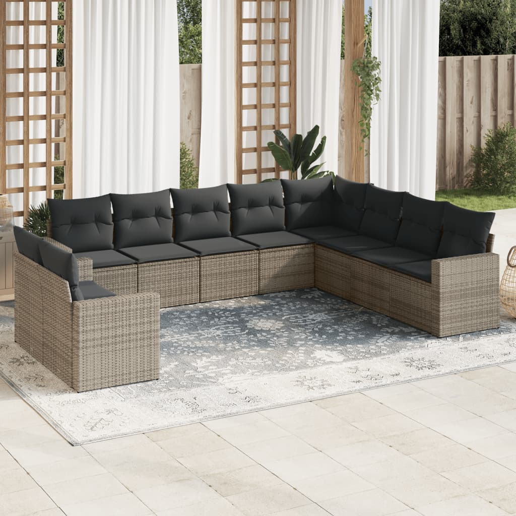 10 Pcs conjunto sofás de jardim c/ almofadões vime PE cinzento