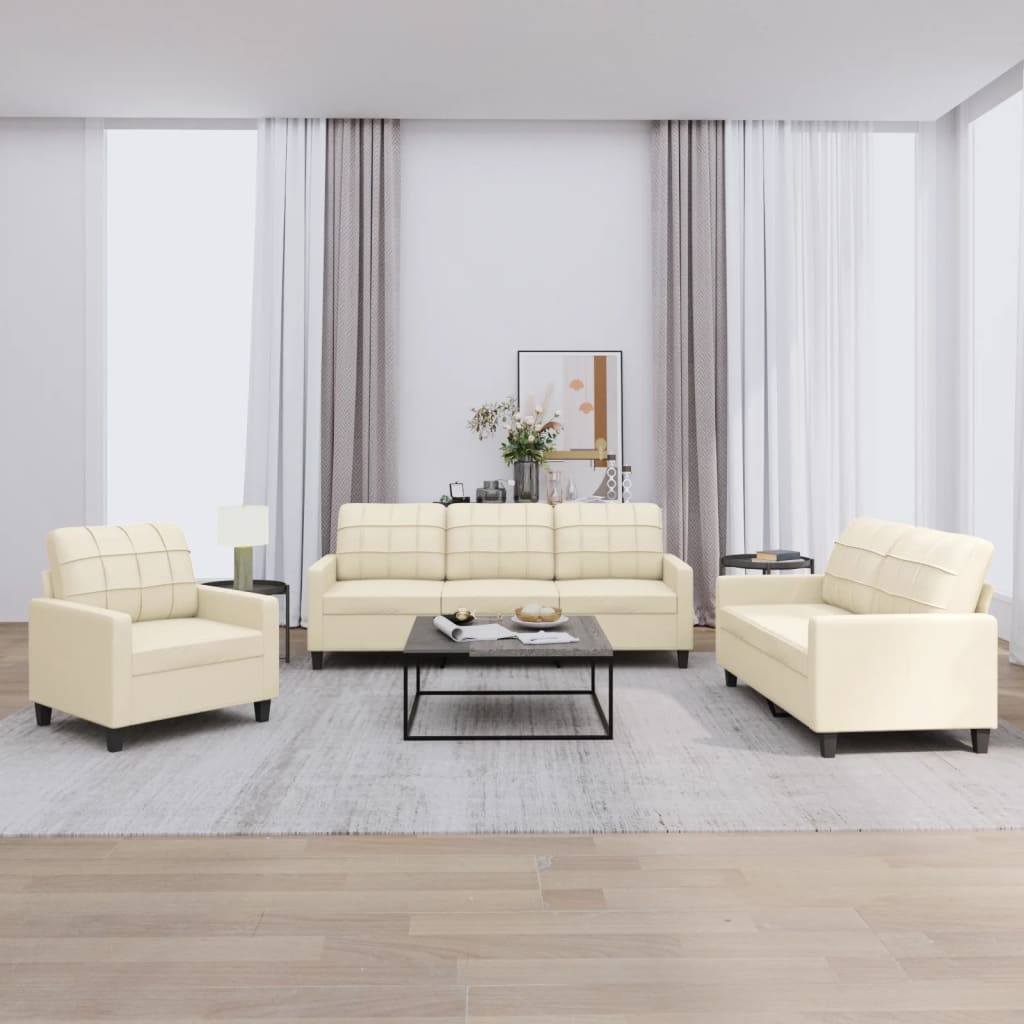 3 Pcs conjunto sofás c/ almofadões couro artificial cor creme