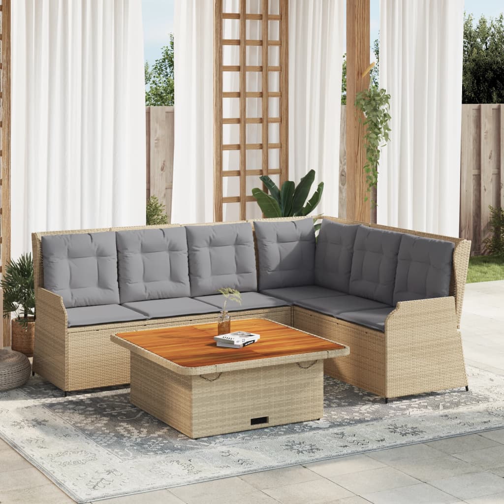 5 Pcs conjunto lounge p/ jardim com almofadões vime PE bege